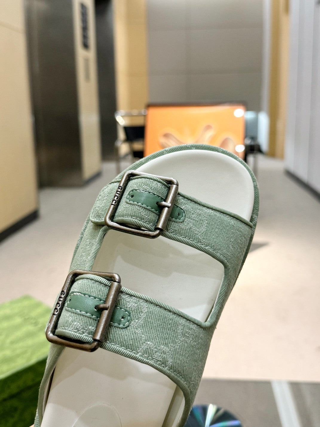 GREEN MONOGRAM DOUBLE-STRAP SANDALS