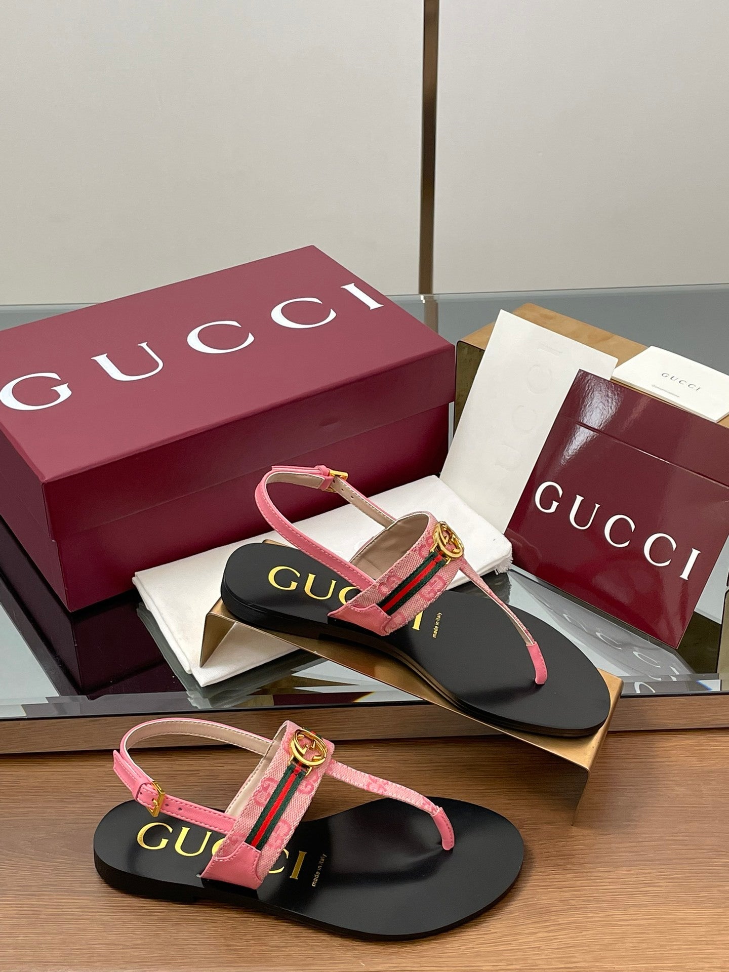 PINK WEB STRIPE LOGO THONG SANDALS