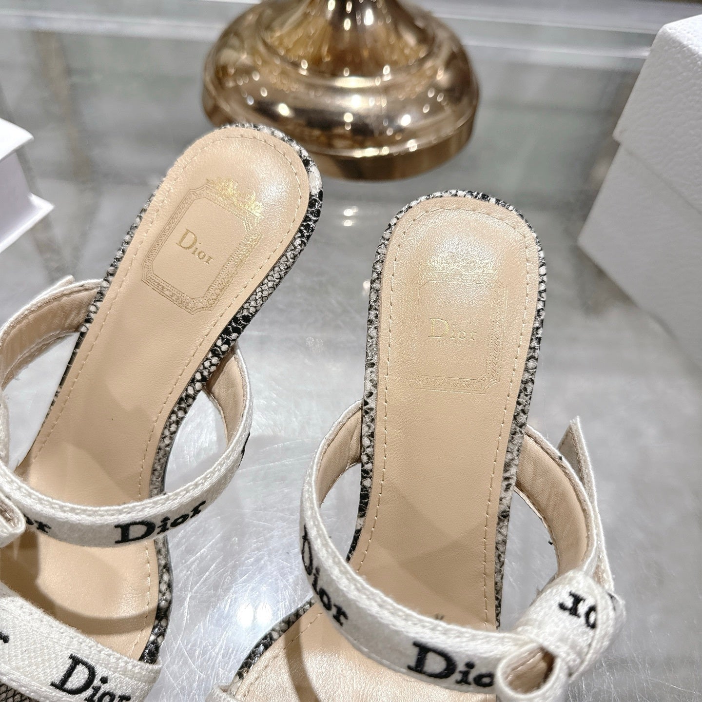 SNAKESKIN PRINT LOGO STRAP BOW HEEL SANDALS