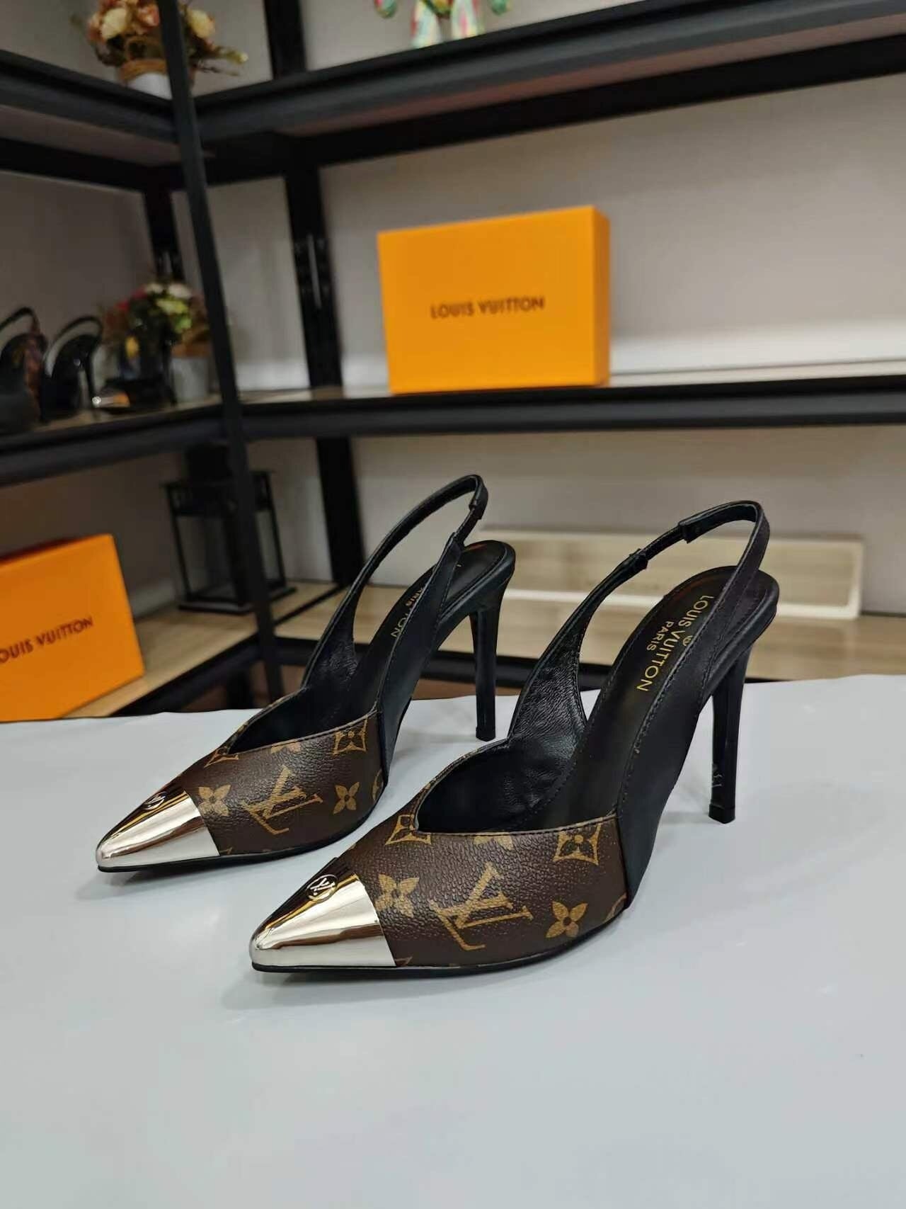 MONOGRAM PRINT SLINGBACK HEELS WITH METAL TOE CAP