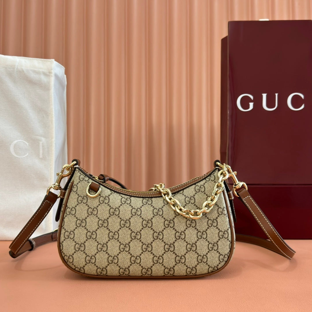 BEIGE MONOGRAM CANVAS SHOULDER BAG WITH GOLD CHAIN DETAIL