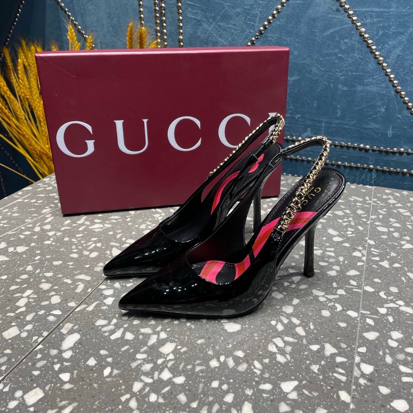 BLACK PATENT CHAIN SLINGBACK PUMPS