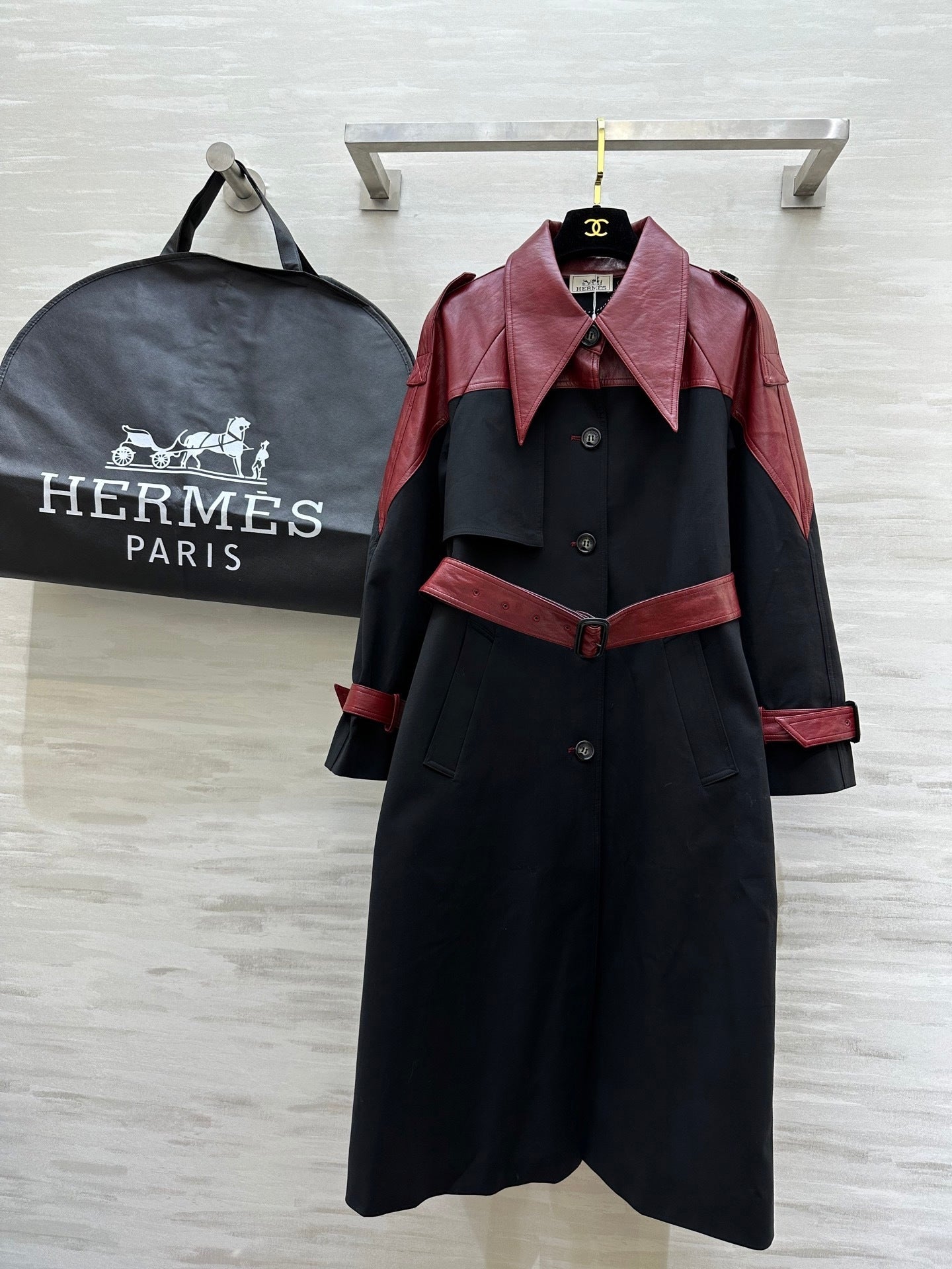 TWO-TONE BELTED LONG COAT WITH LEATHER ACCENTS