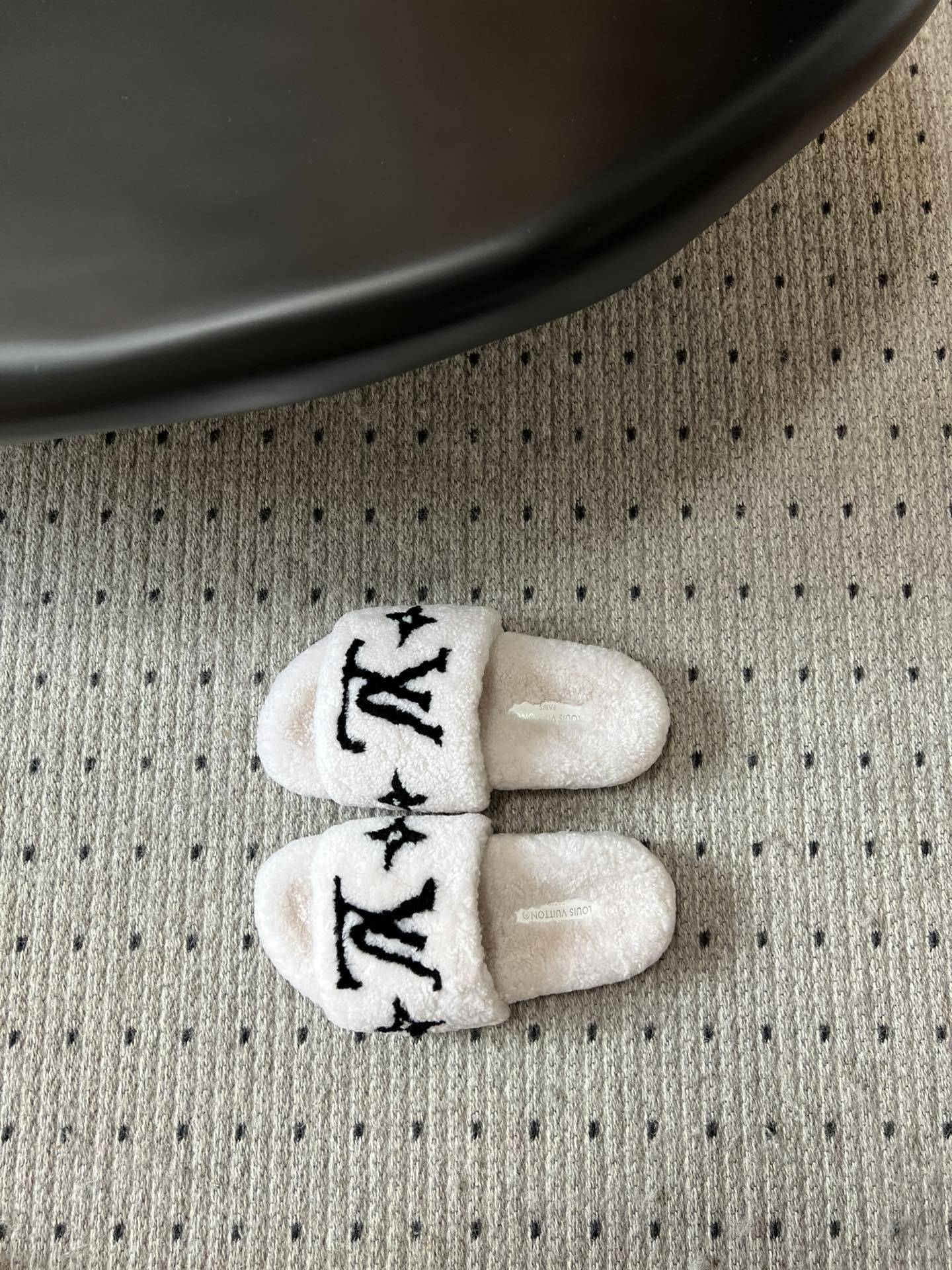 COZY MONOGRAM FUR SLIDE SLIPPERS