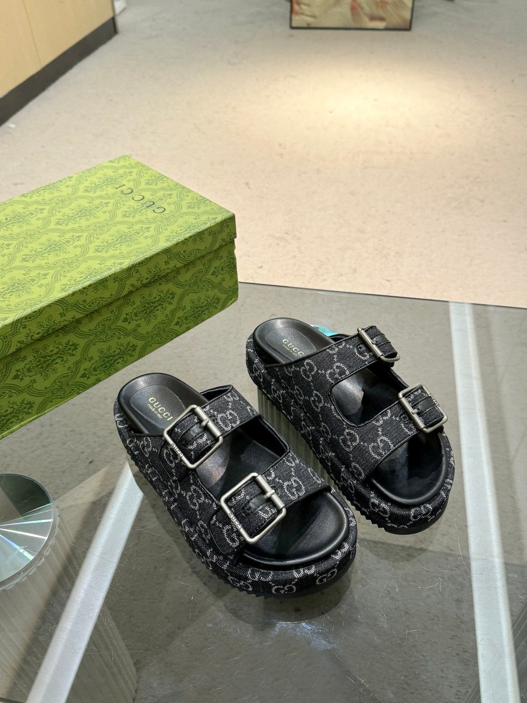 BLACK MONOGRAM DOUBLE-STRAP PLATFORM SANDALS