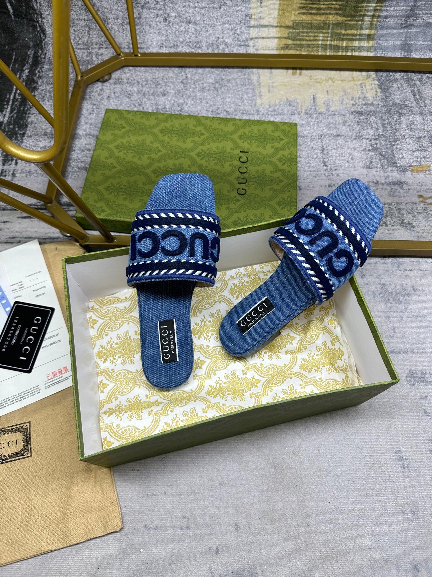 DENIM SLIDE SANDALS WITH EMBROIDERED LOGO STRAP