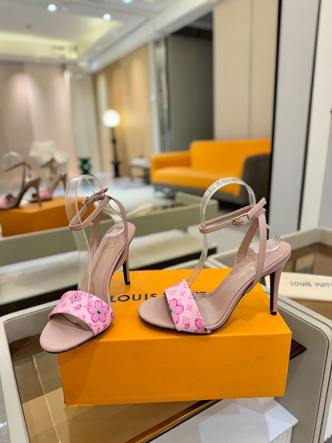 FLORAL PRINT STRAP STILETTO SANDALS – BLUSH PINK