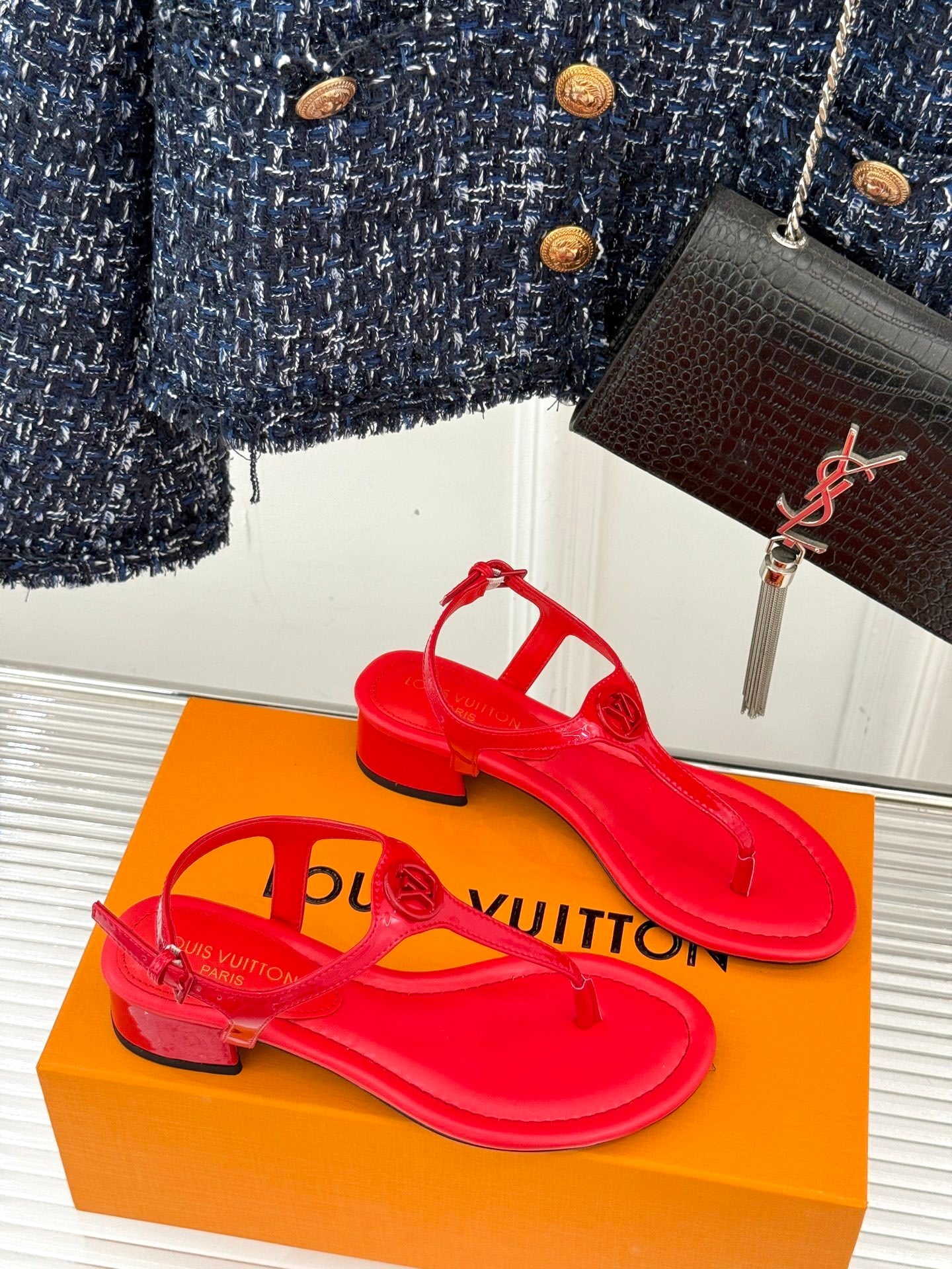 PATENT T-STRAP MEDALLION SANDALS – RED