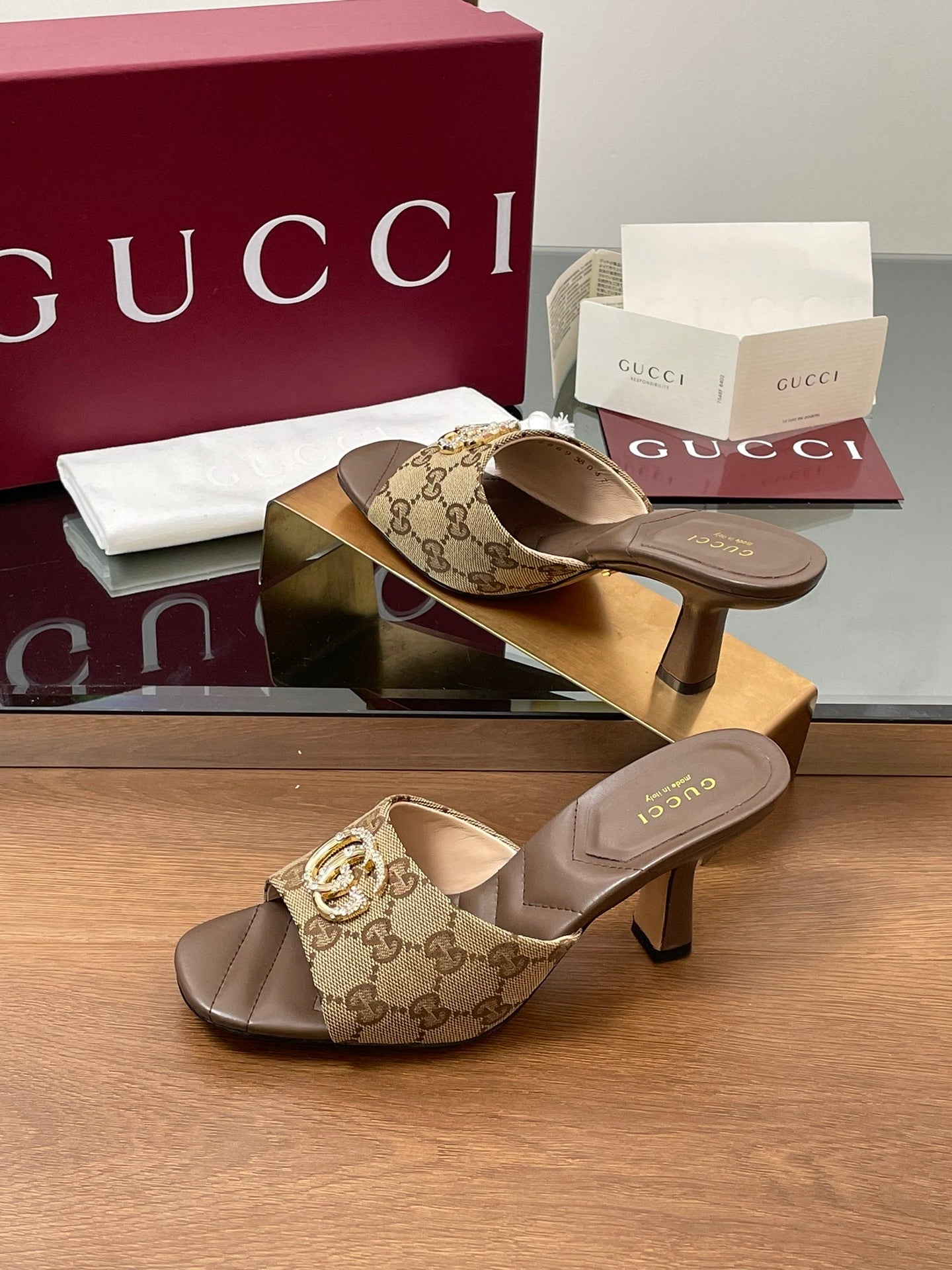 MONOGRAM BLOCK HEEL SLIDES