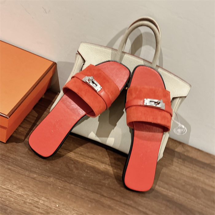 CORAL SUEDE BUCKLE SLIDE SANDALS