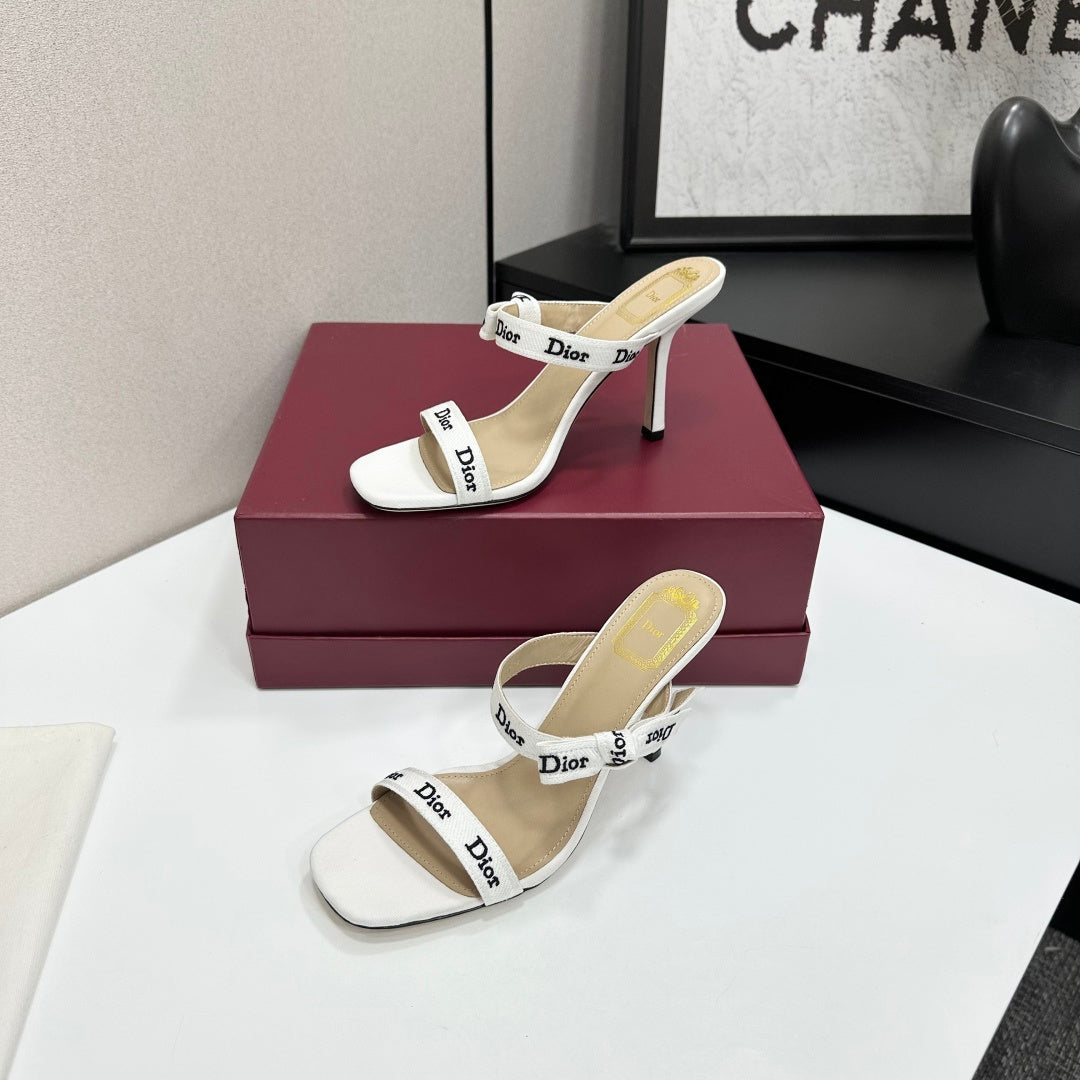 CRISP WHITE LOGO STRAP STILETTO SANDALS