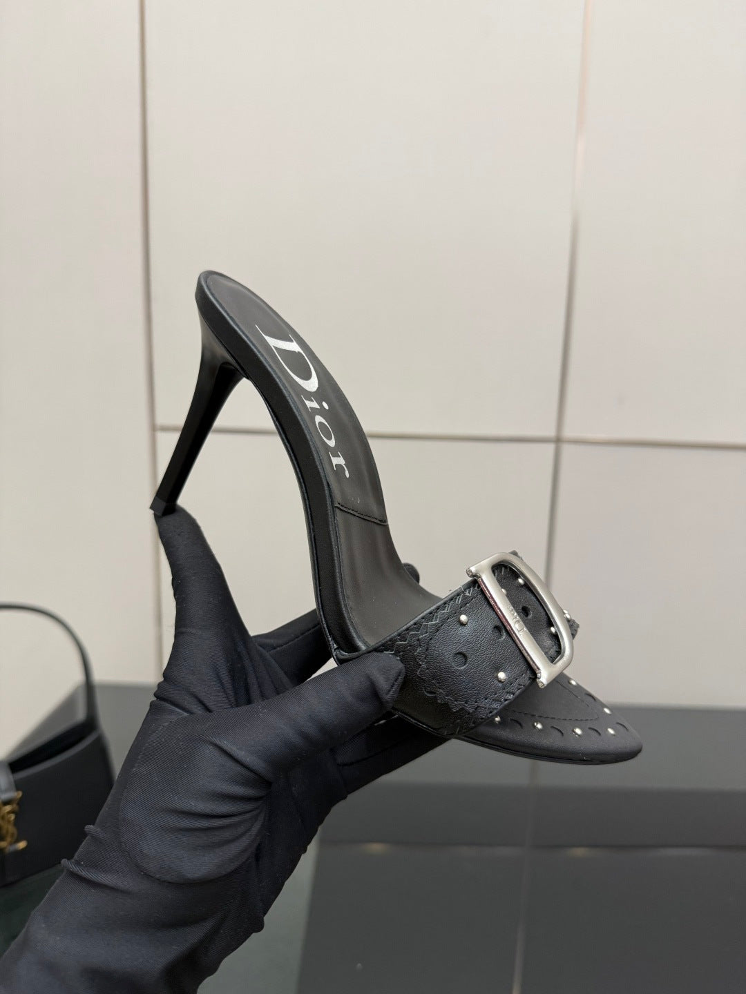 BLACK STUDDED LOGO MULE HEELS