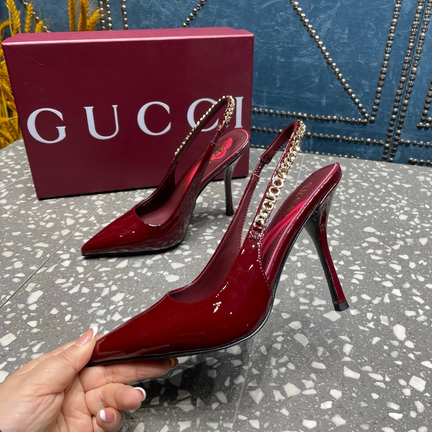 BURGUNDY PATENT CHAIN SLINGBACK PUMPS