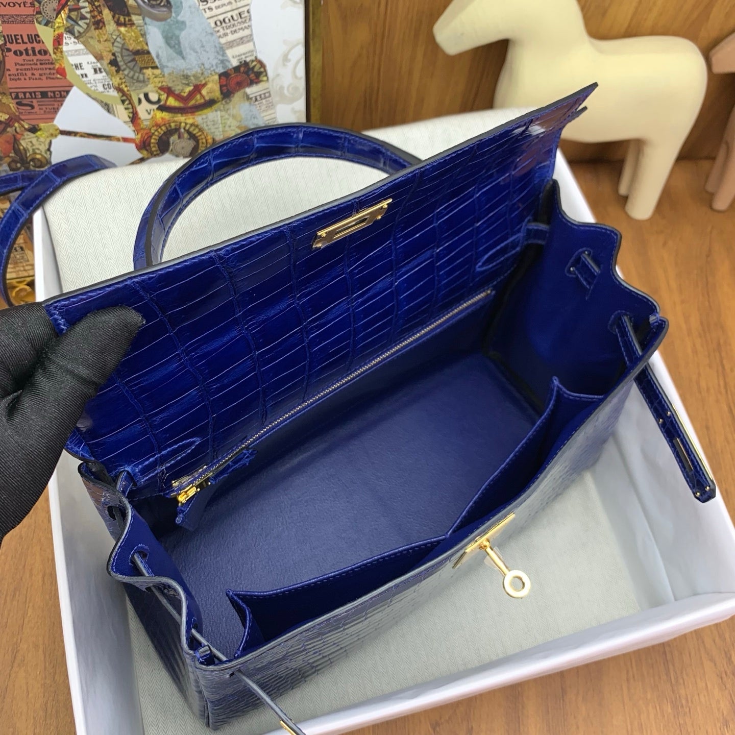 LUXURY ROYAL BLUE CROCODILE EMBOSSED LEATHER TOP HANDLE HANDBAG WITH GOLD HARDWARE