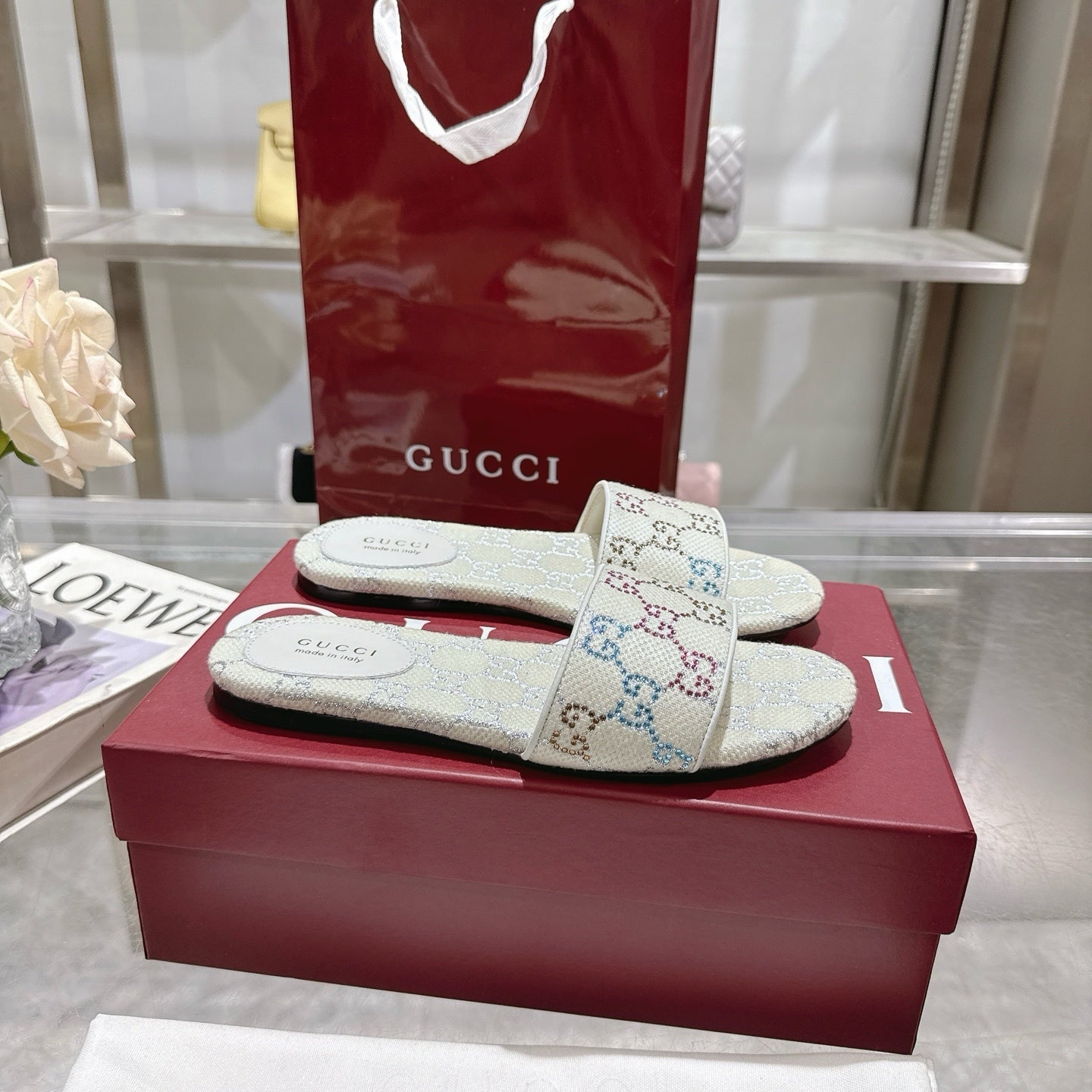 WHITE MULTICOLOR PATTERN SLIDE SANDALS