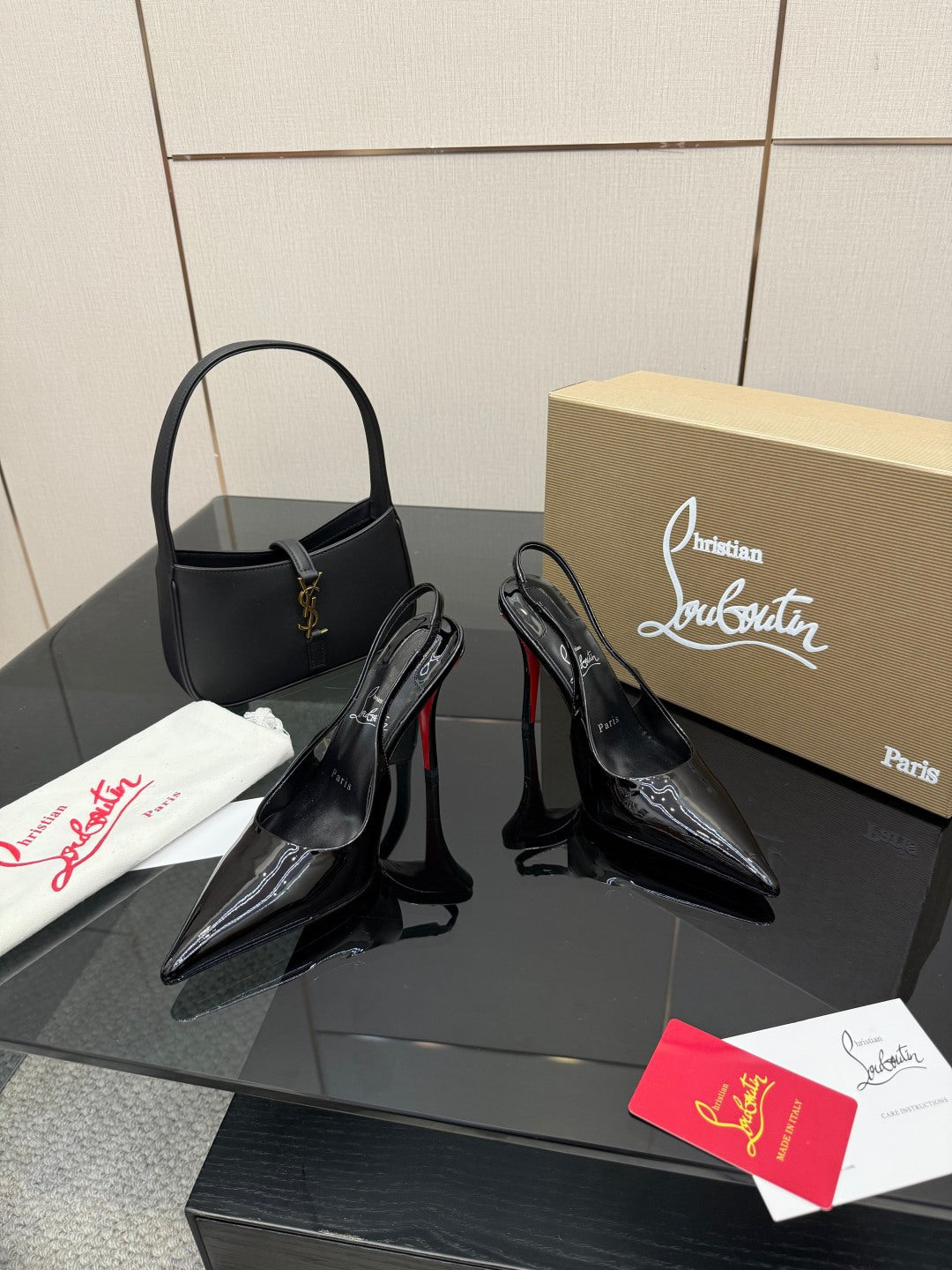BLACK PATENT SLINGBACK POINTED HEELS