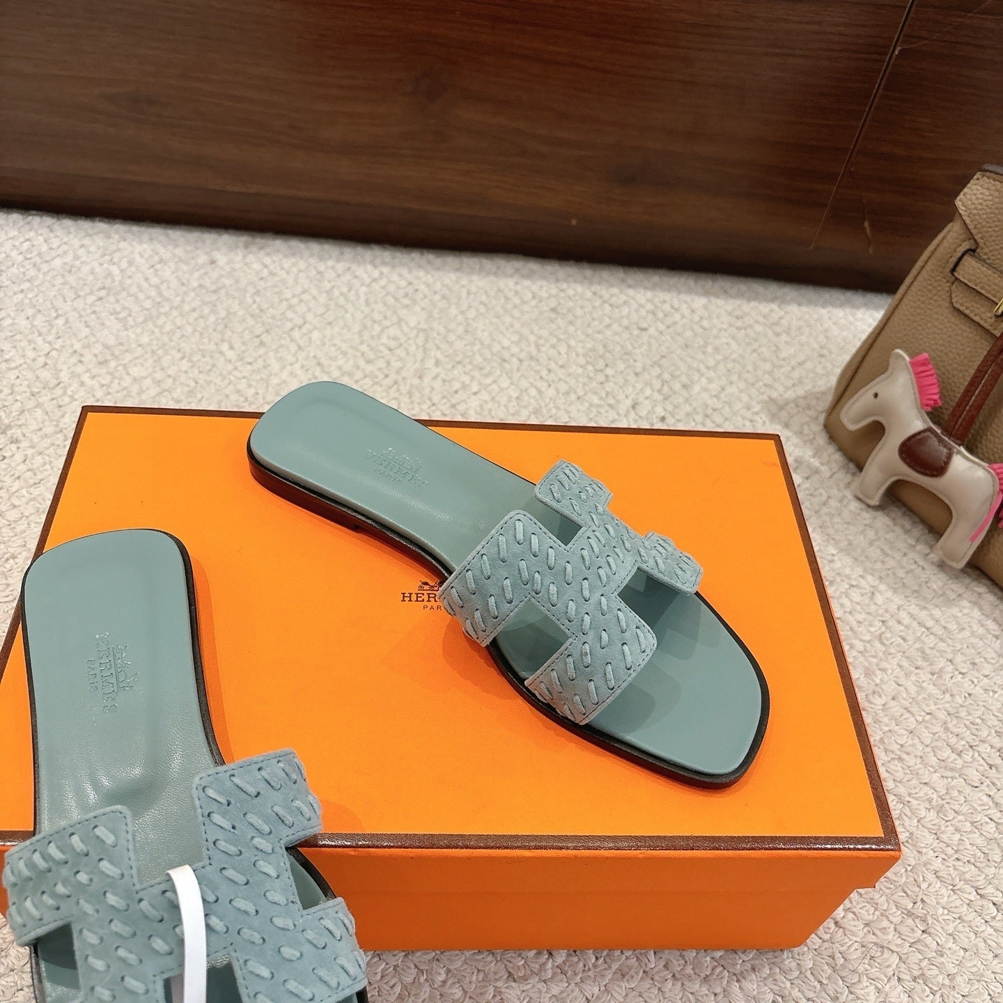 SOFT GREEN SUEDE SLIDE SANDALS