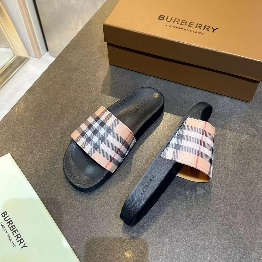 BEIGE CHECK PRINT SLIDE SANDALS