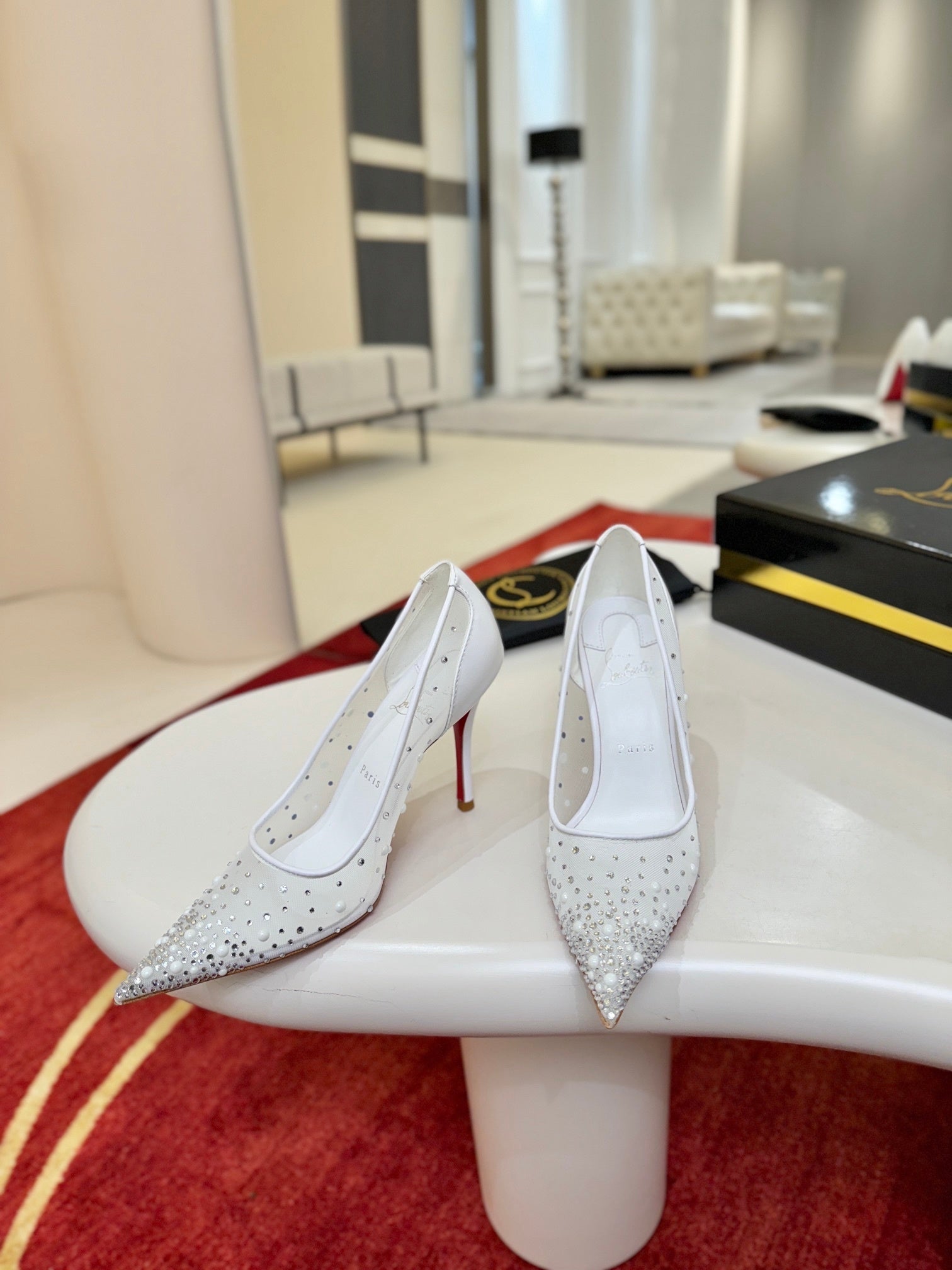 WHITE RHINESTONE POINTED HEELS