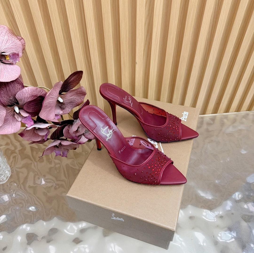 BURGUNDY RHINESTONE MULE HEELS