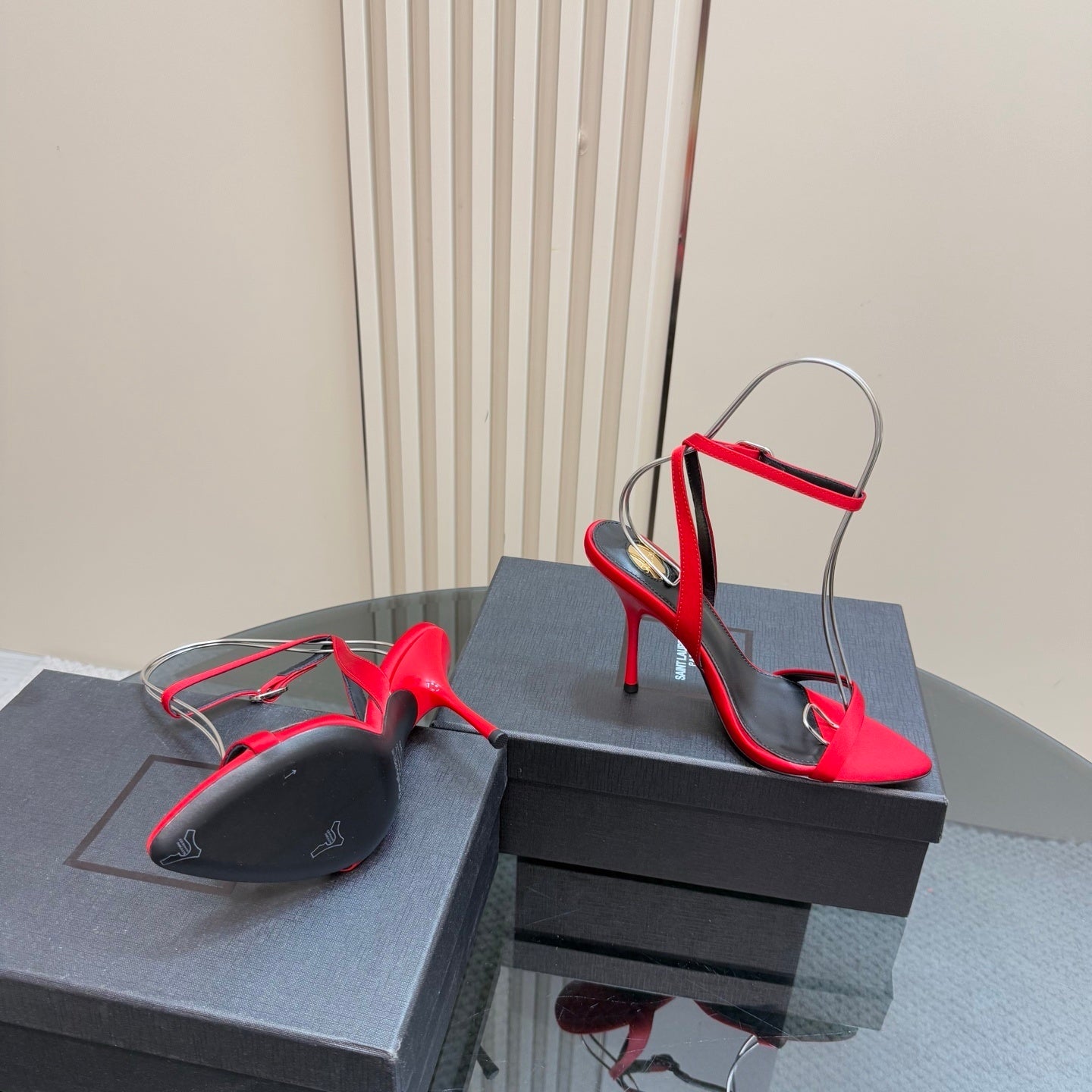 RED T-STRAP STILETTO HEEL SANDALS