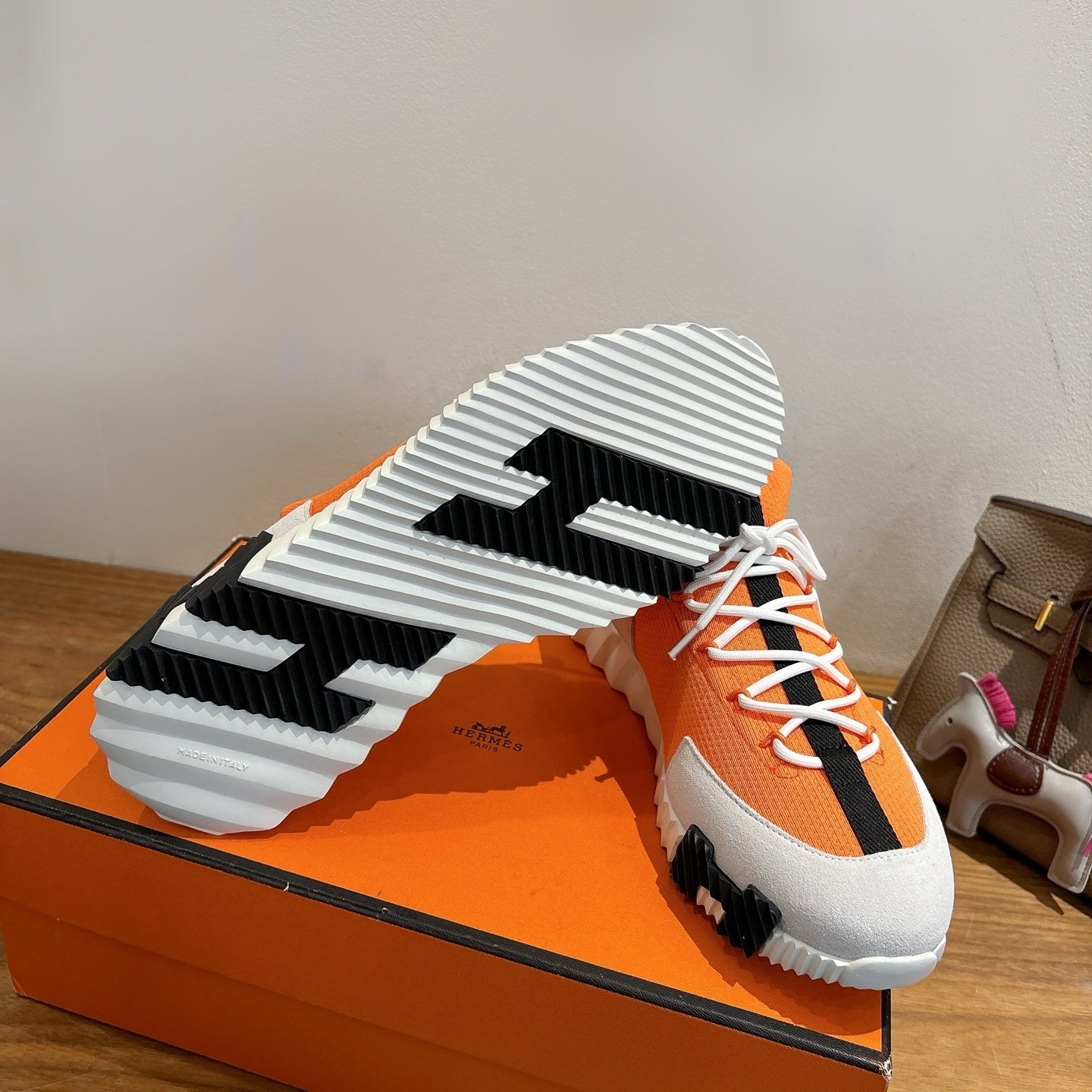 ORANGE TECH-KNIT & SUEDE LOW-TOP SNEAKERS