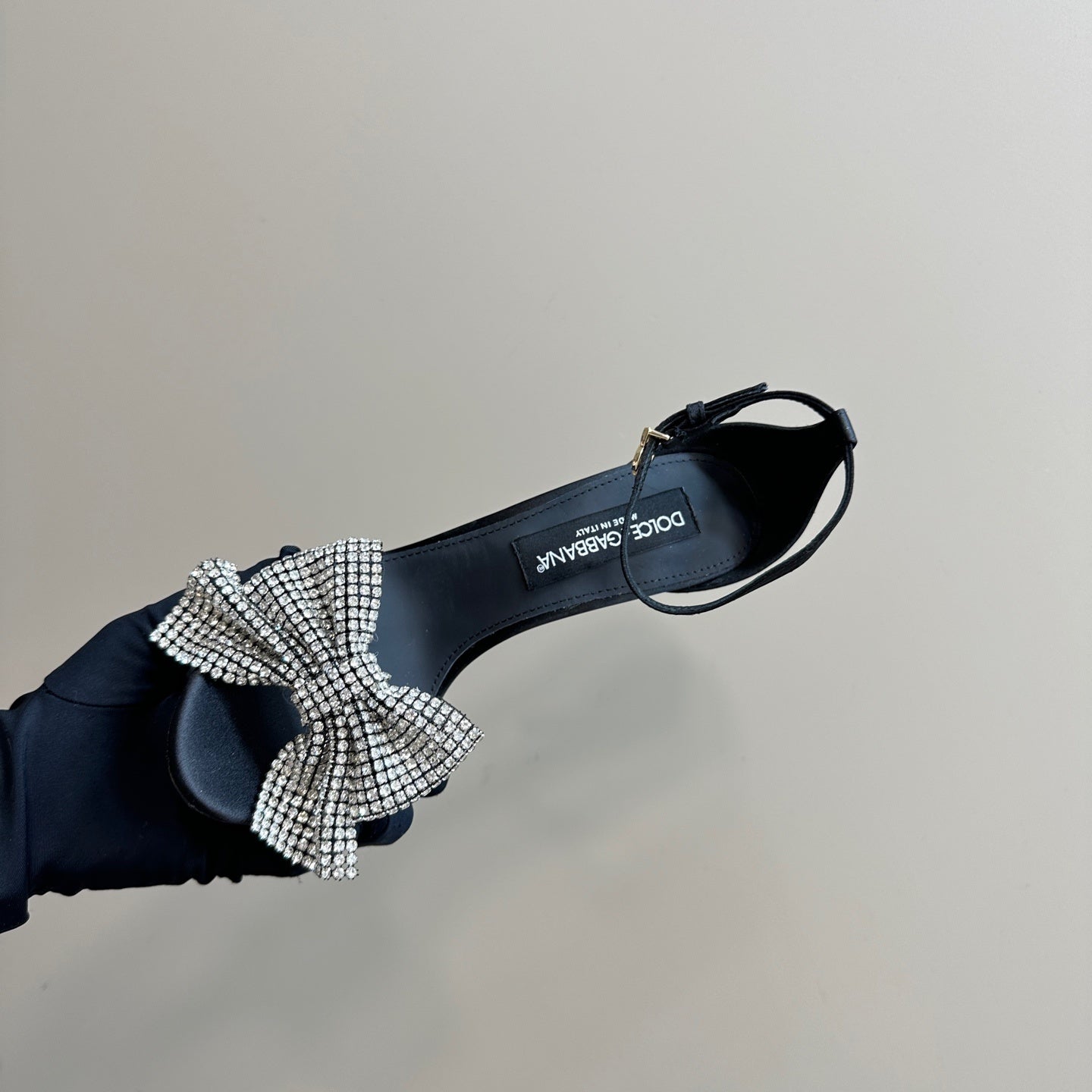 BLACK SATIN CRYSTAL BOW STILETTO HEELS