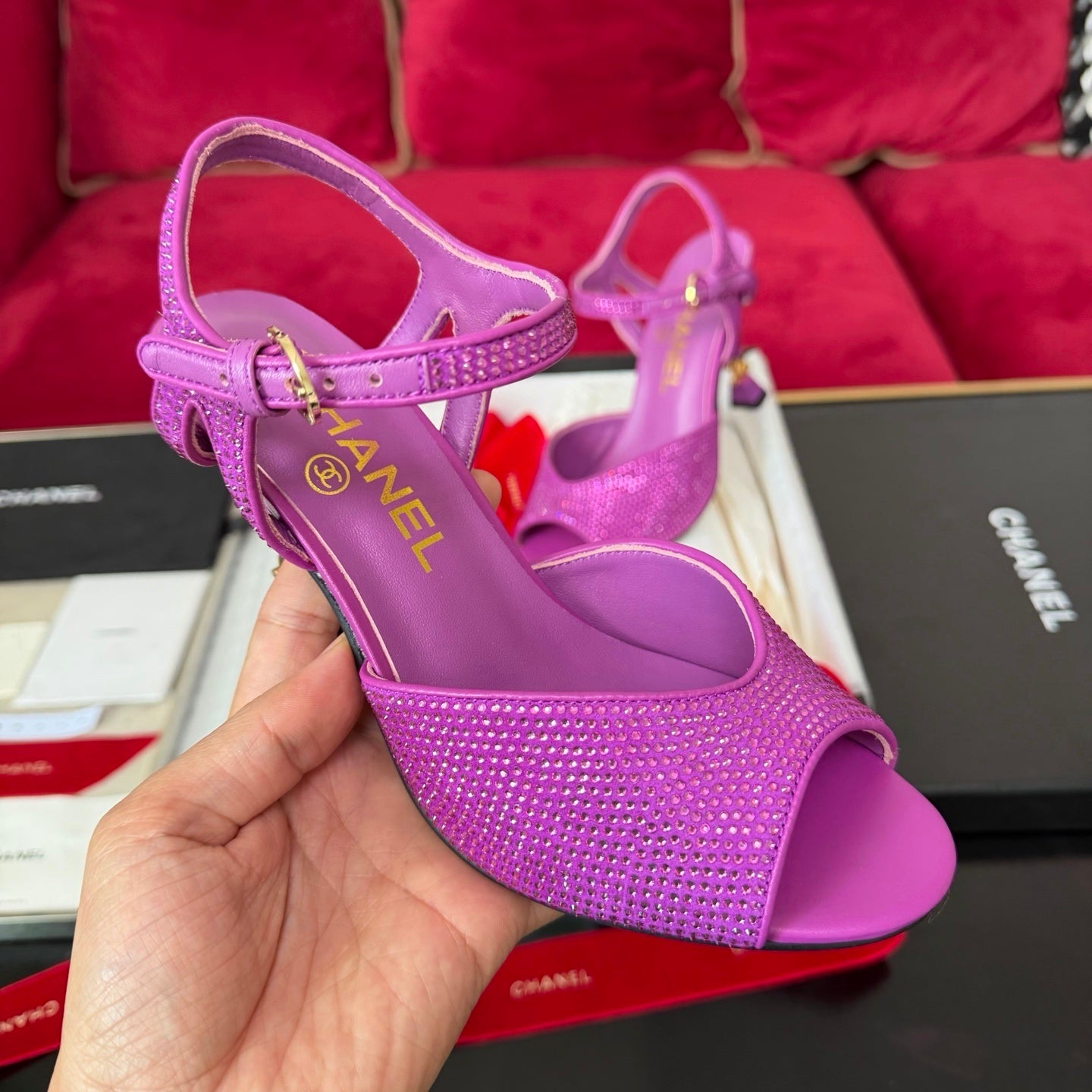 CRYSTAL EMBELLISHED ANKLE STRAP HEELS