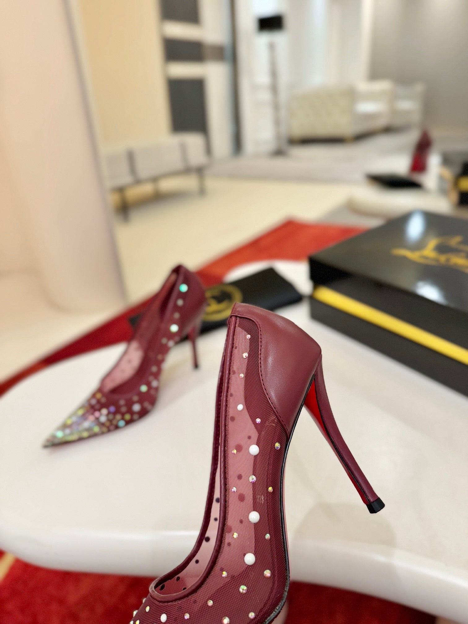 BURGUNDY RHINESTONE MESH PUMPS