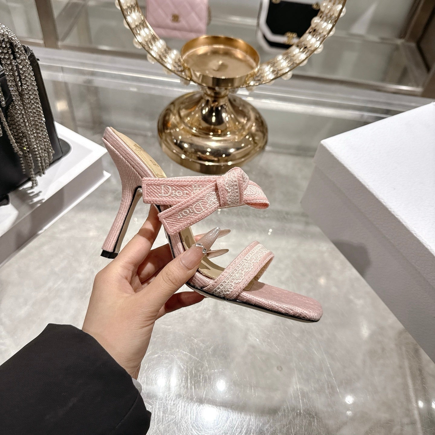 BOW-DETAIL JACQUARD HEELED MULE SANDALS