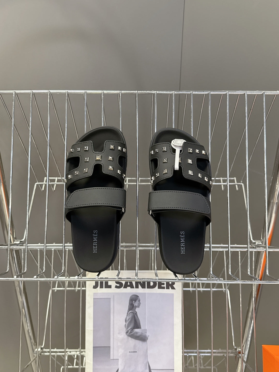 BLACK STUDDED SLIDE SANDALS