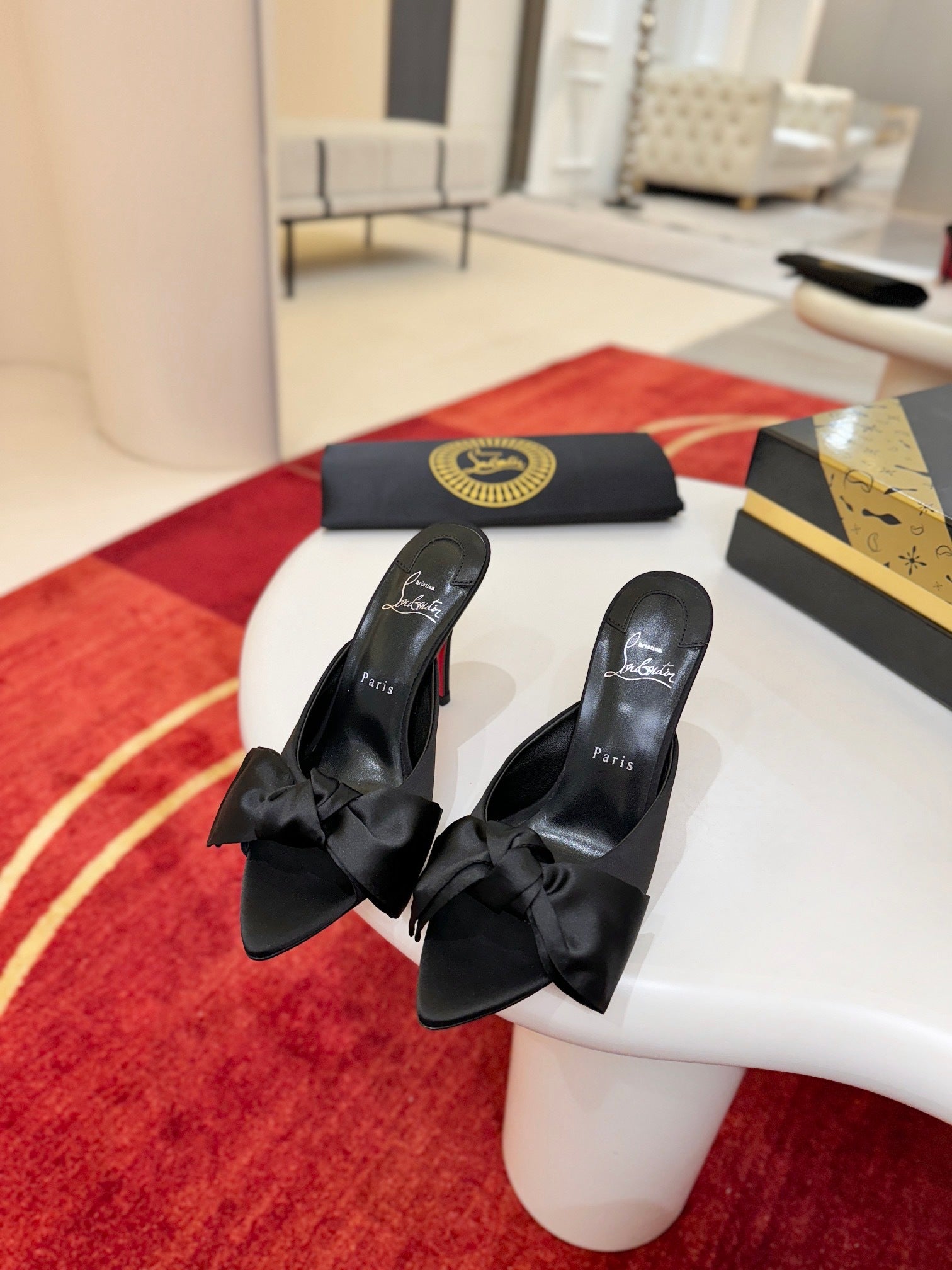 BLACK SATIN BOW MULE HEELS