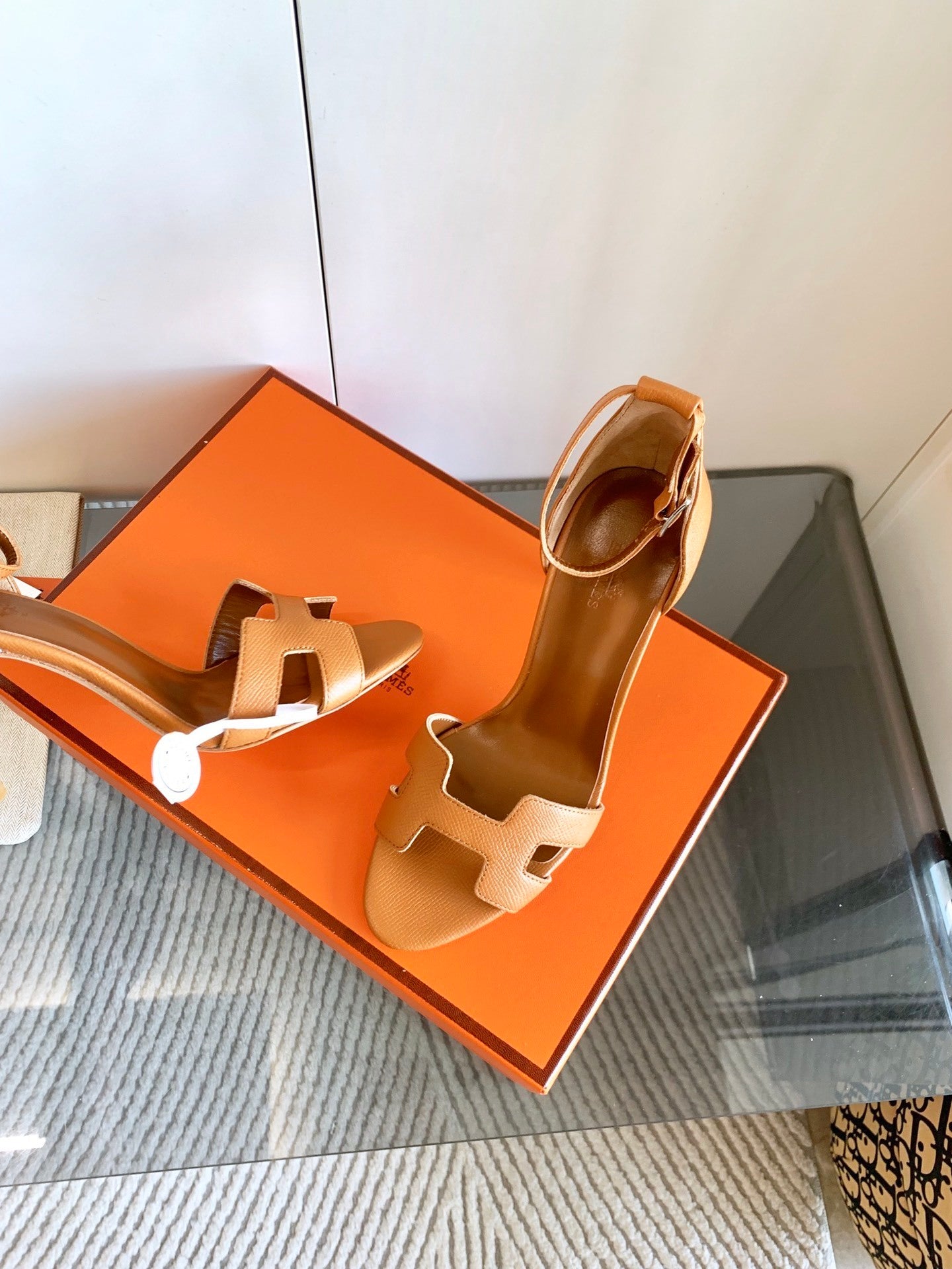 TAN LEATHER ANKLE STRAP HEEL SANDALS