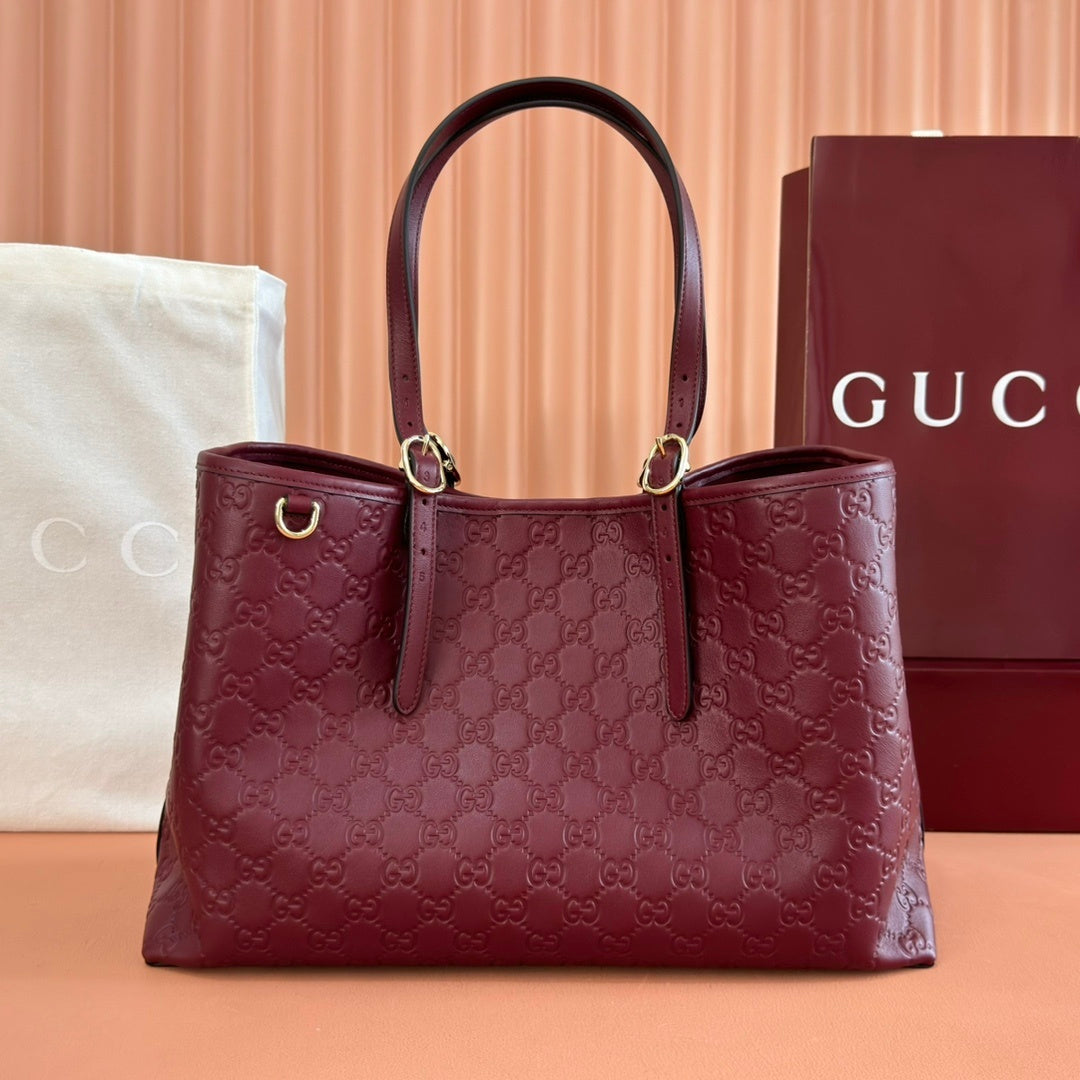 BURGUNDY EMBOSSED LEATHER LUXURY TOTE SHOULDER BAG WITH GOLD HARDWARE