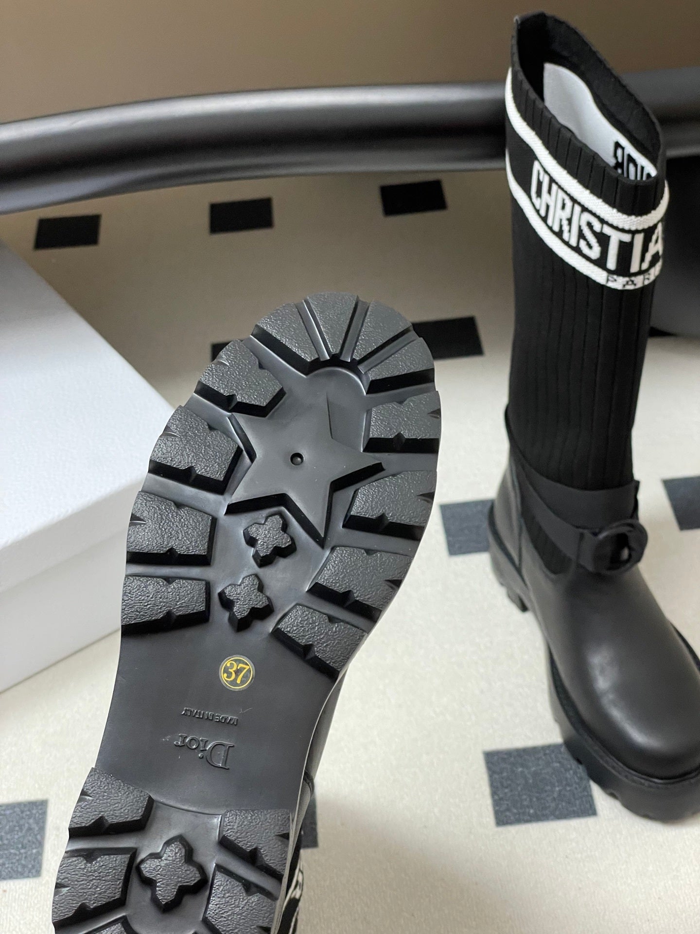 BLACK LEATHER SOCK BOOTS WITH RIBBED KNIT SHAFT AND CHUNKY SOLE