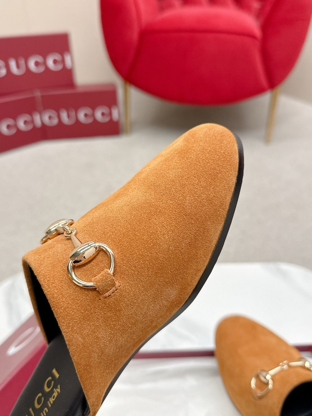 SUEDE SLIP-ON MULES WITH GOLD HORSEBIT DETAIL