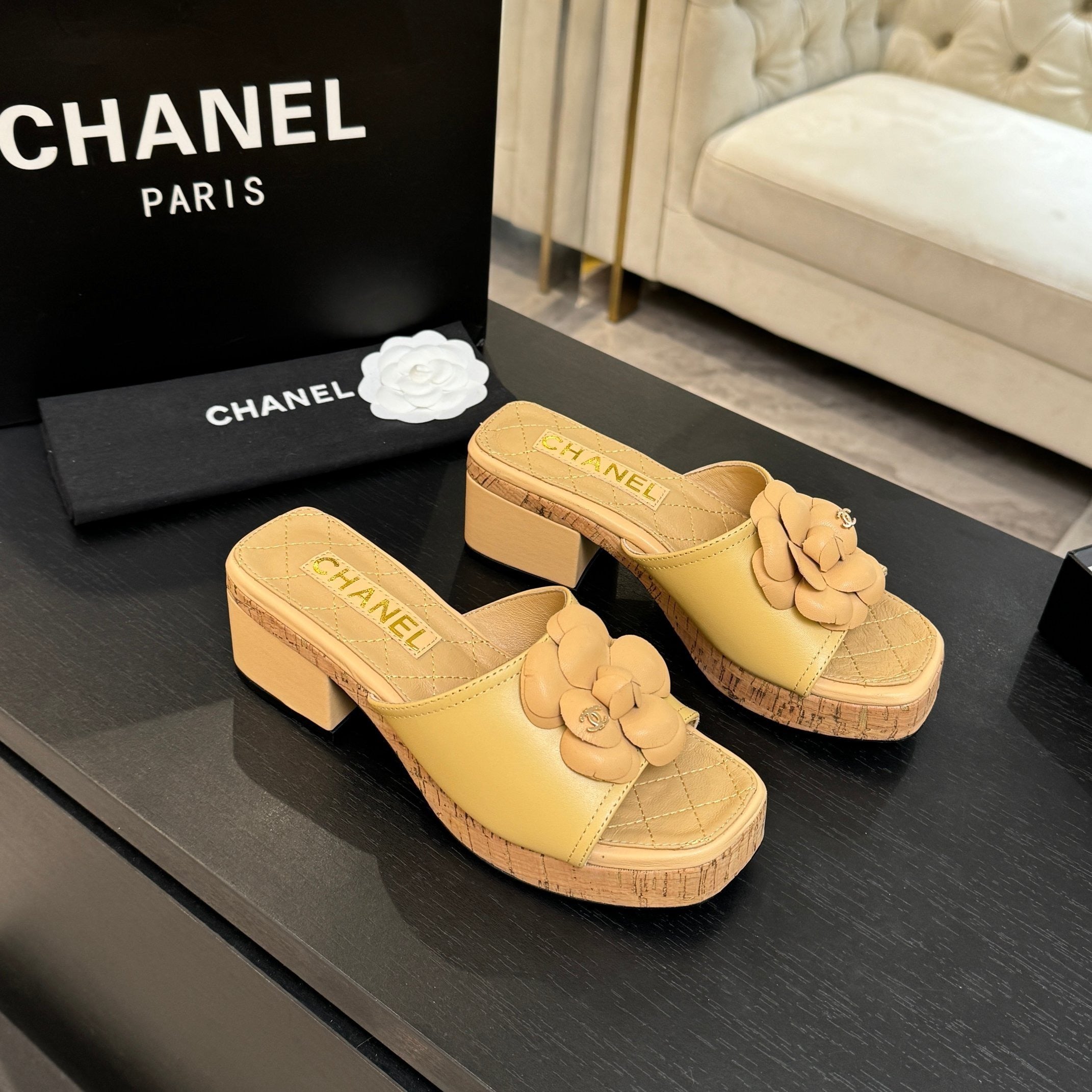 BUTTER YELLOW FLORAL PLATFORM SLIDE SANDALS