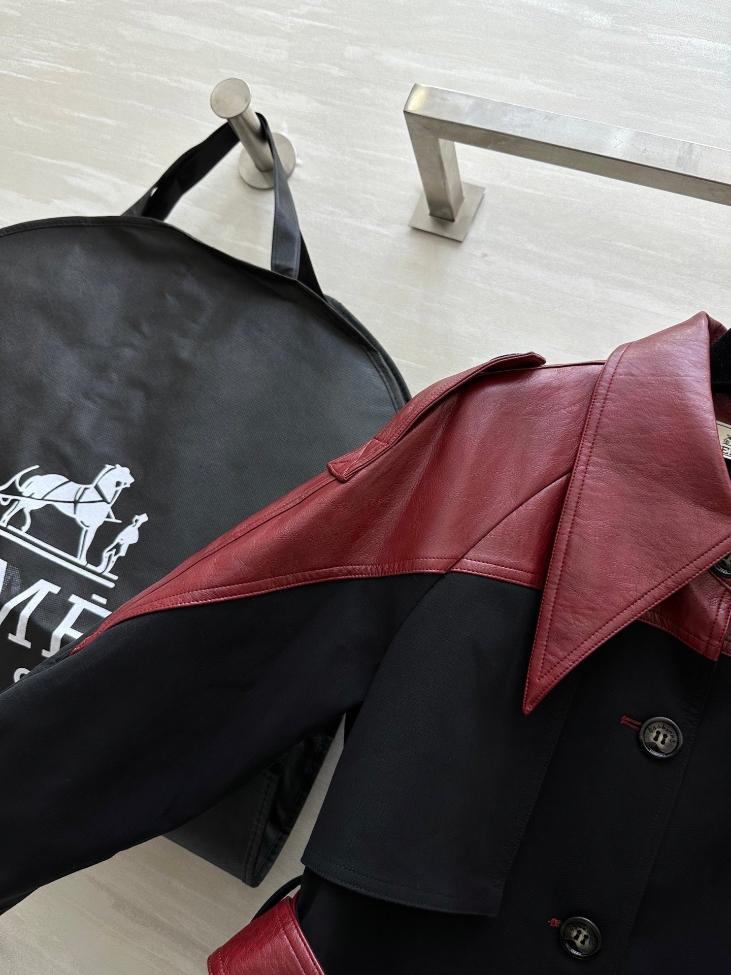 TWO-TONE BELTED LONG COAT WITH LEATHER ACCENTS