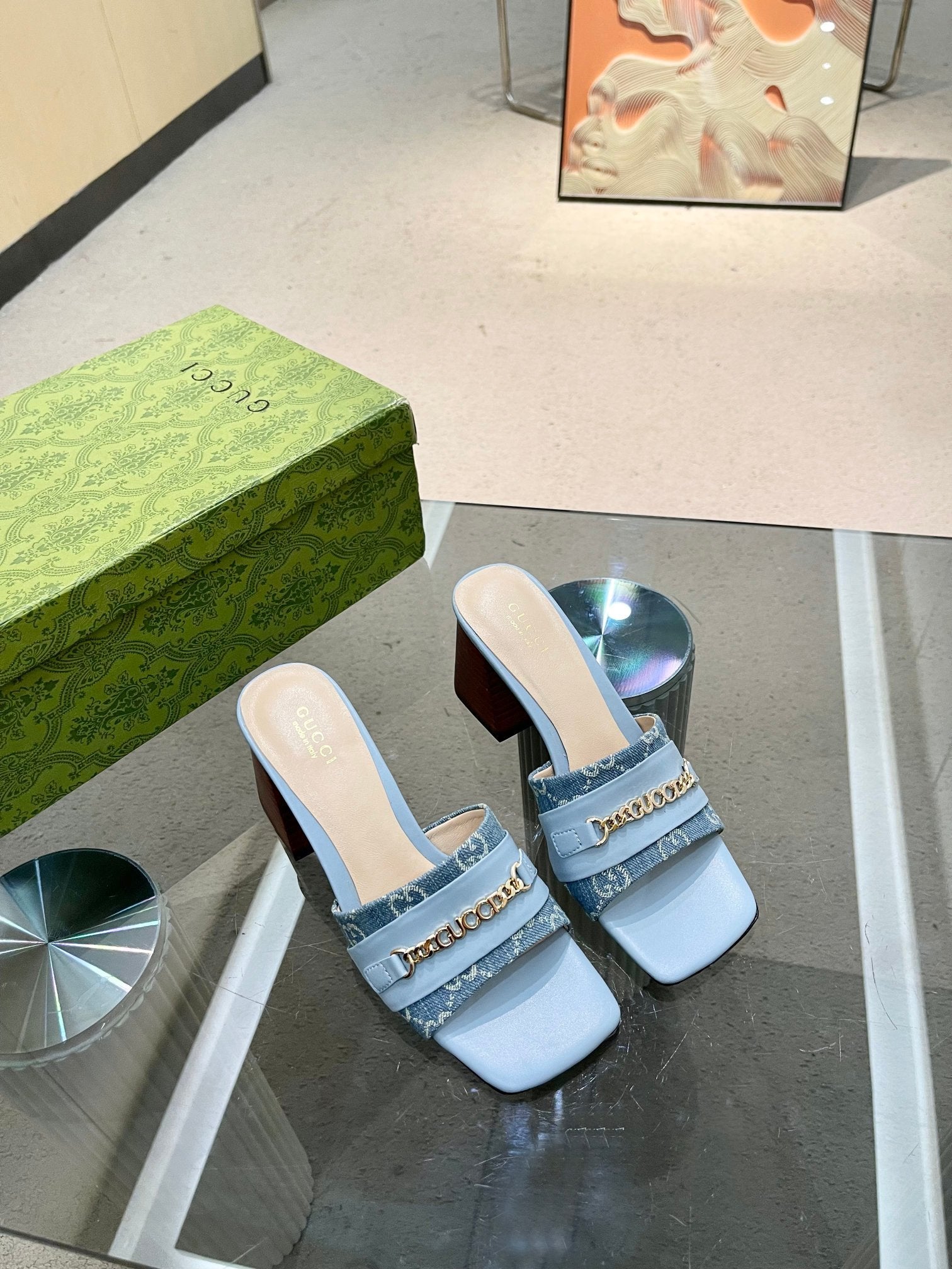 DENIM BLUE CHAIN DETAIL BLOCK HEEL MULES