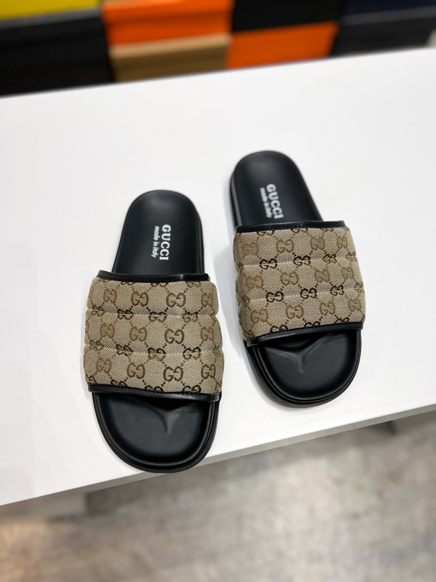 CLASSIC MONOGRAM PADDED SLIDE SANDALS – BEIGE