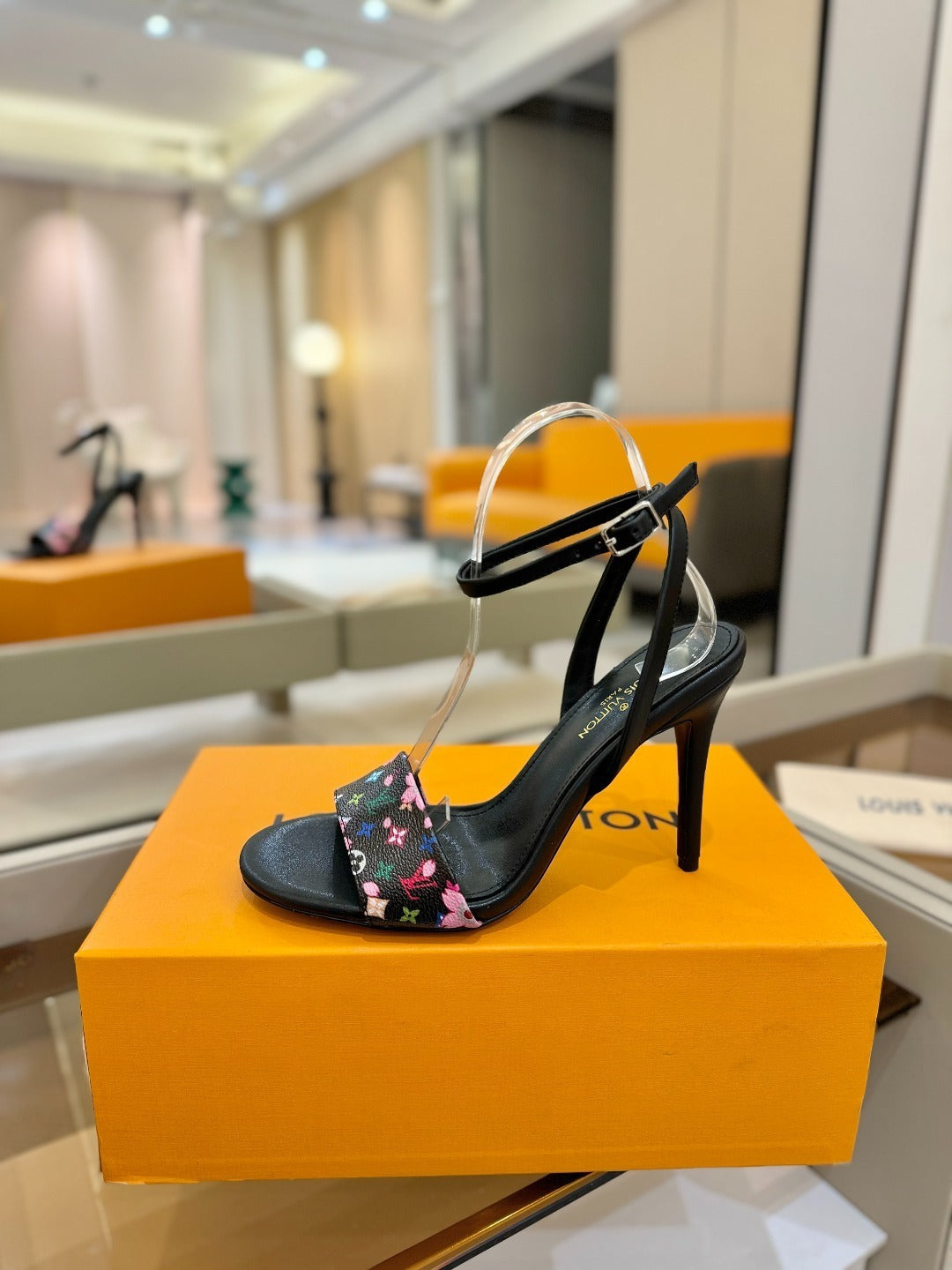 FLORAL MONOGRAM STRAP STILETTO SANDALS – BLACK