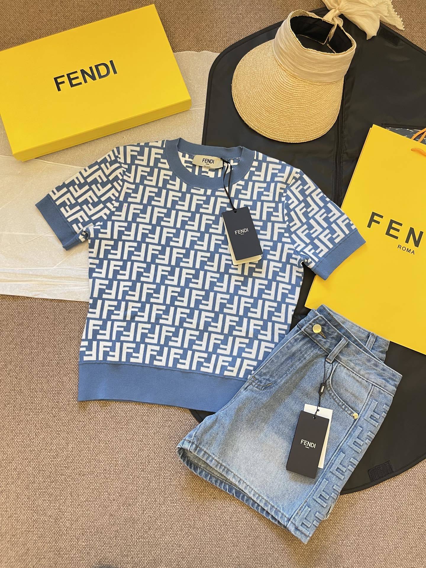 FENDI MONOGRAM KNIT TOP & DENIM SHORT SET