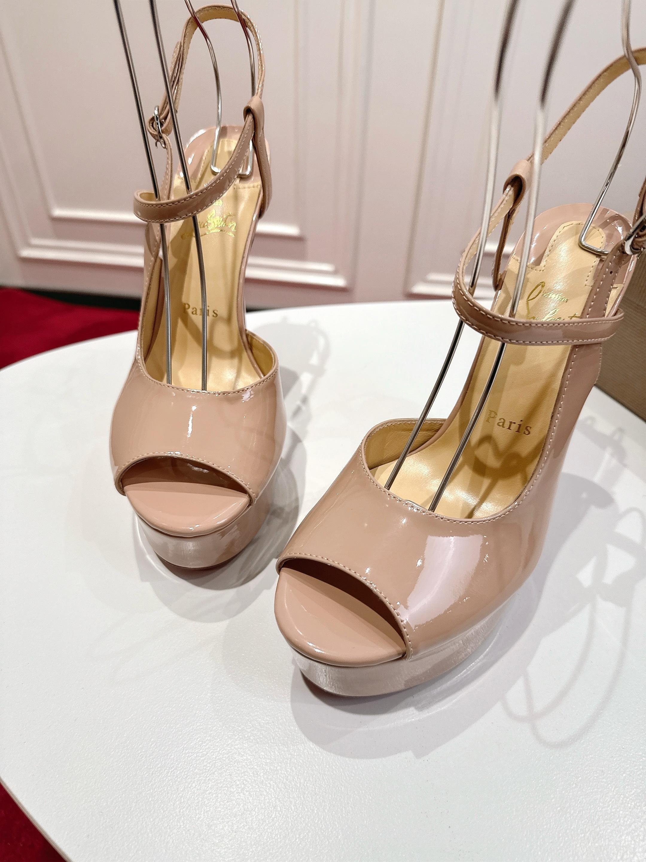 NUDE PATENT PLATFORM PEEP-TOE ANKLE STRAP HEELS