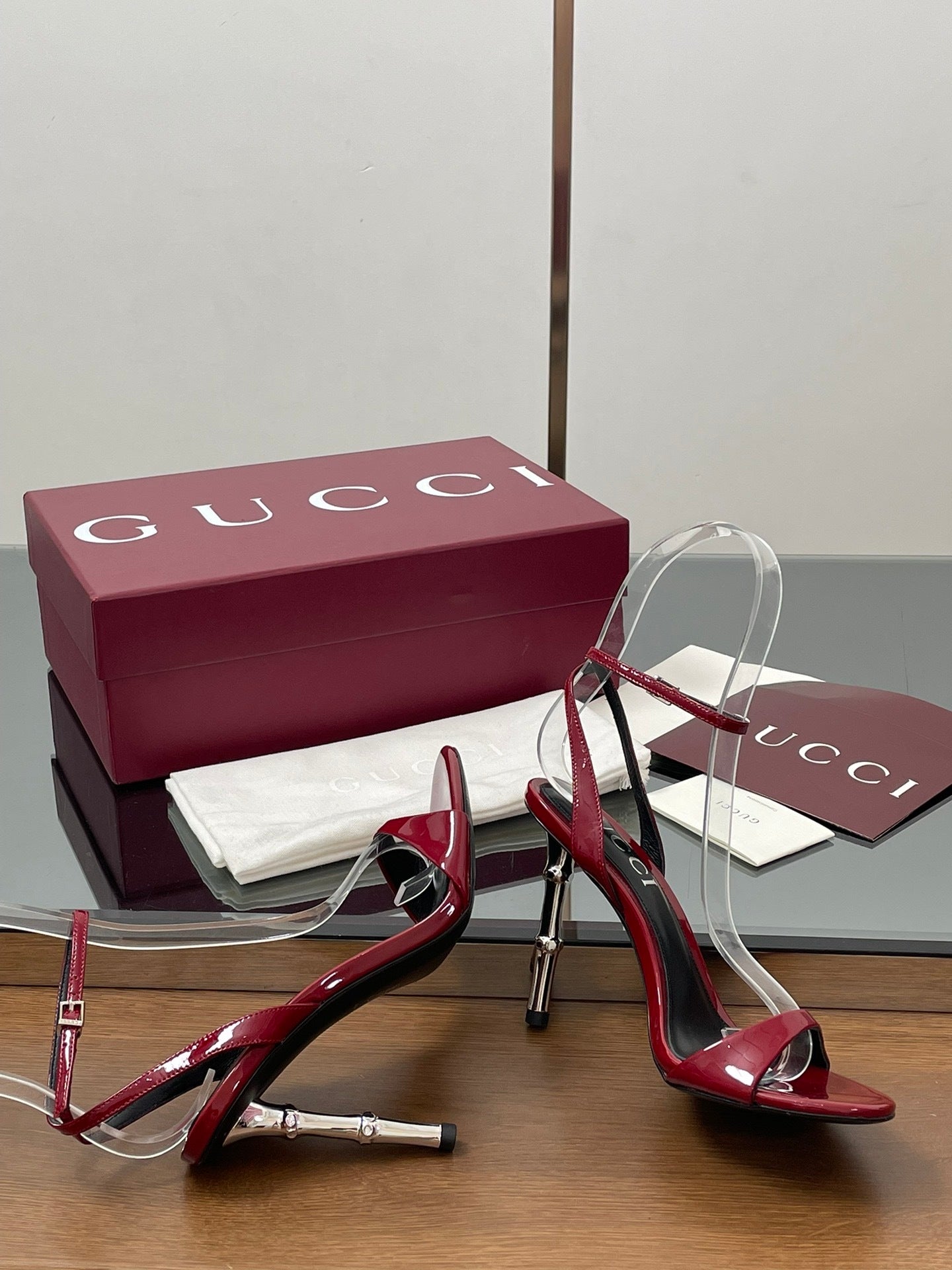 RED PATENT STRAPPY HEEL SANDALS WITH METALLIC HEEL