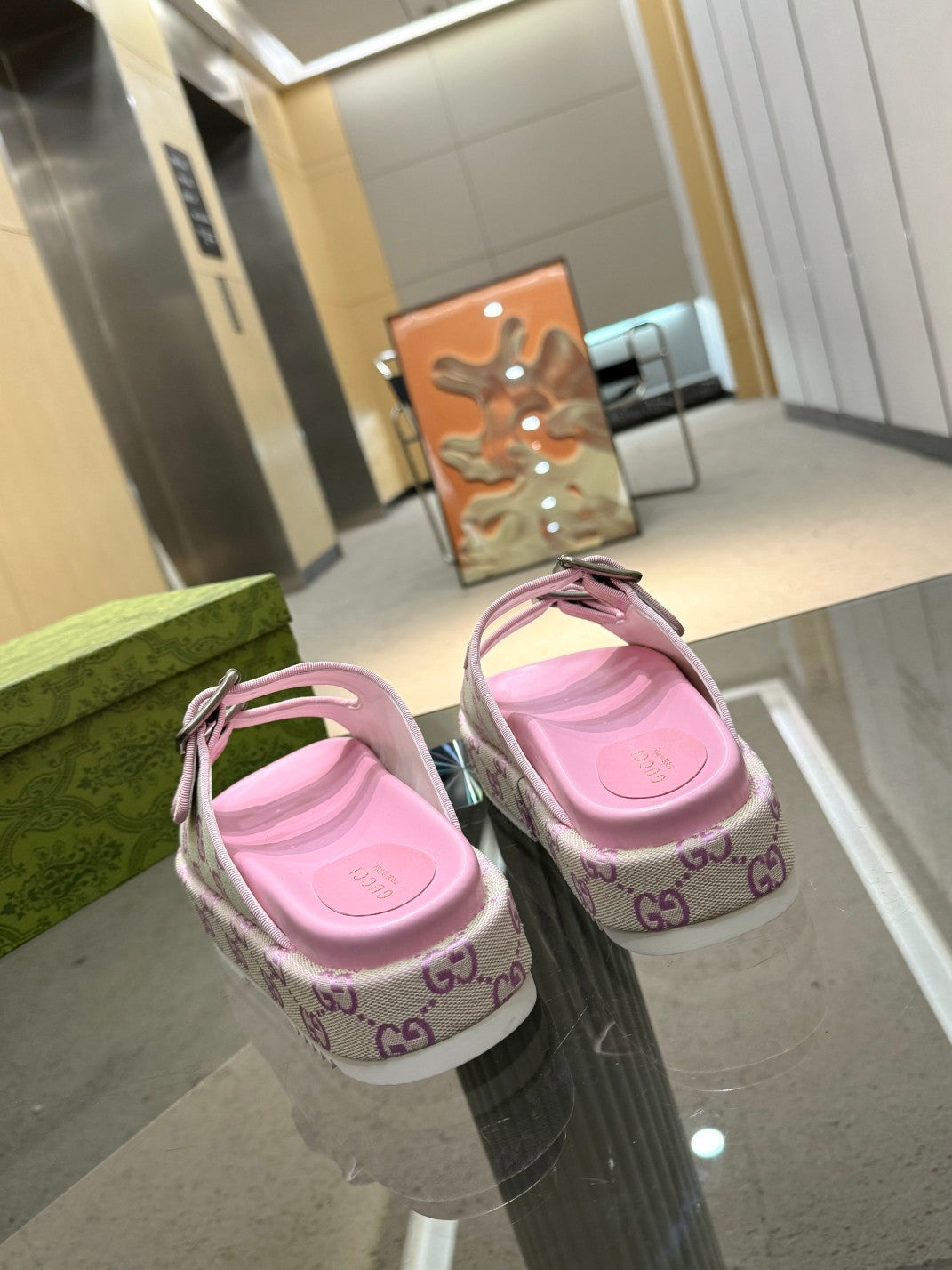 PINK MONOGRAM DOUBLE-STRAP PLATFORM SANDALS