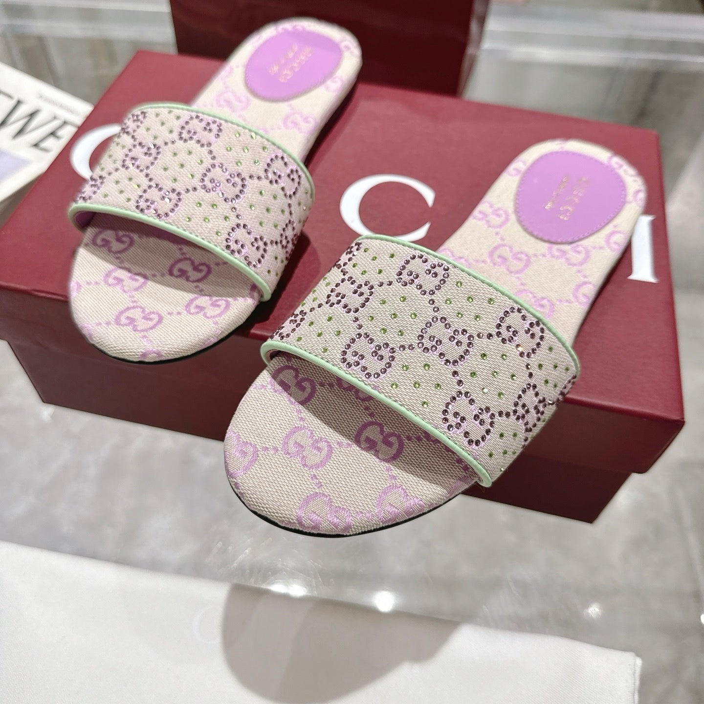 PINK EMBELLISHED SLIDE SANDALS