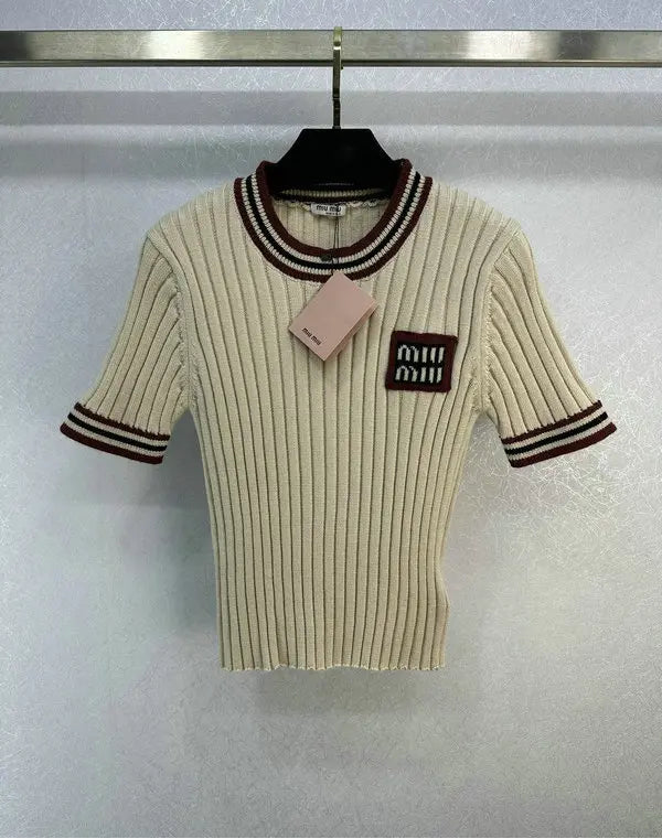 RIBBED LOGO CONTRAST TRIM KNIT TOP