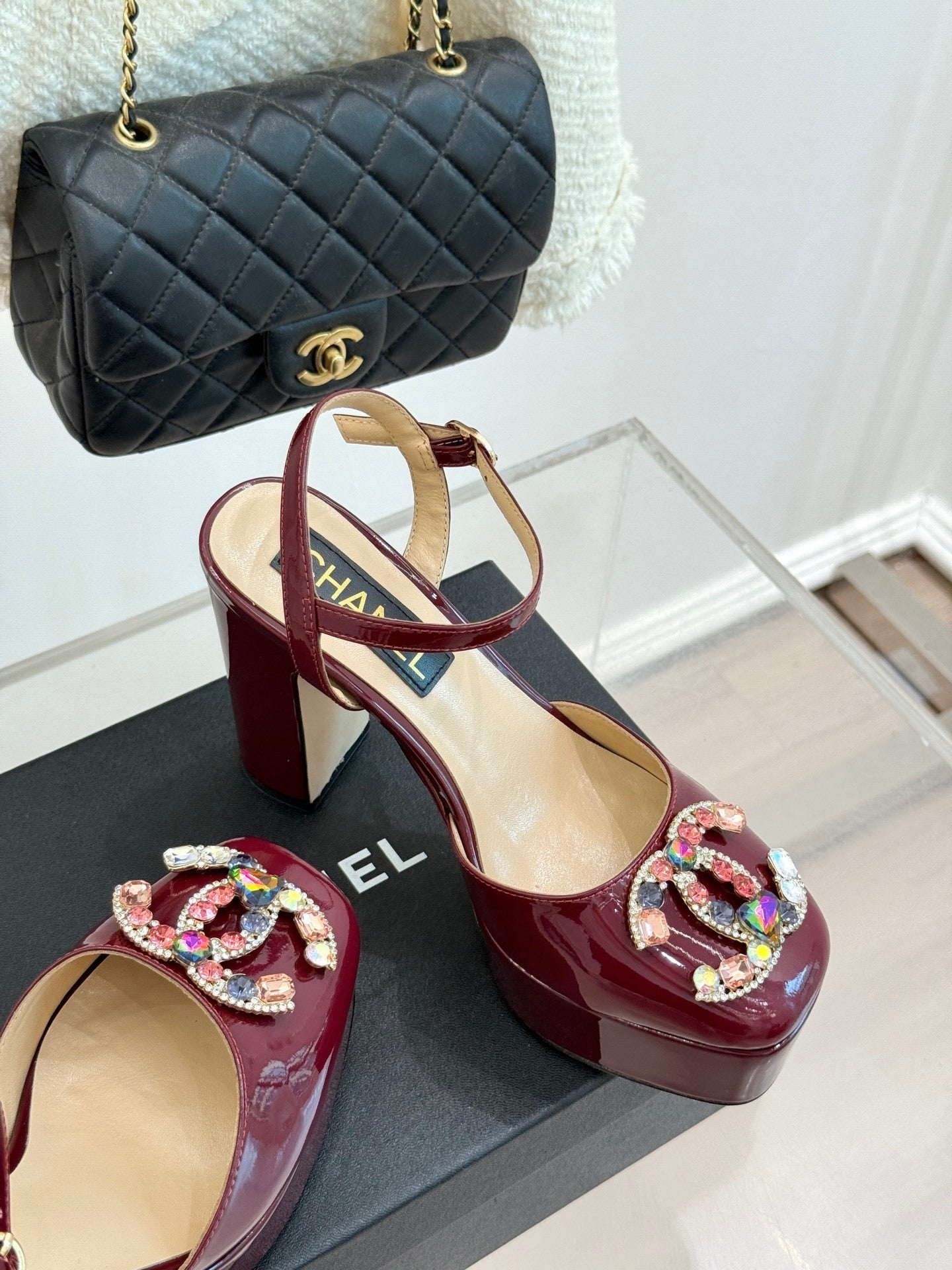 BURGUNDY PATENT PLATFORM CRYSTAL HEELS