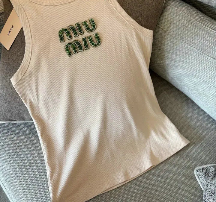 EMBELLISHED LOGO RIBBED TANK TOP