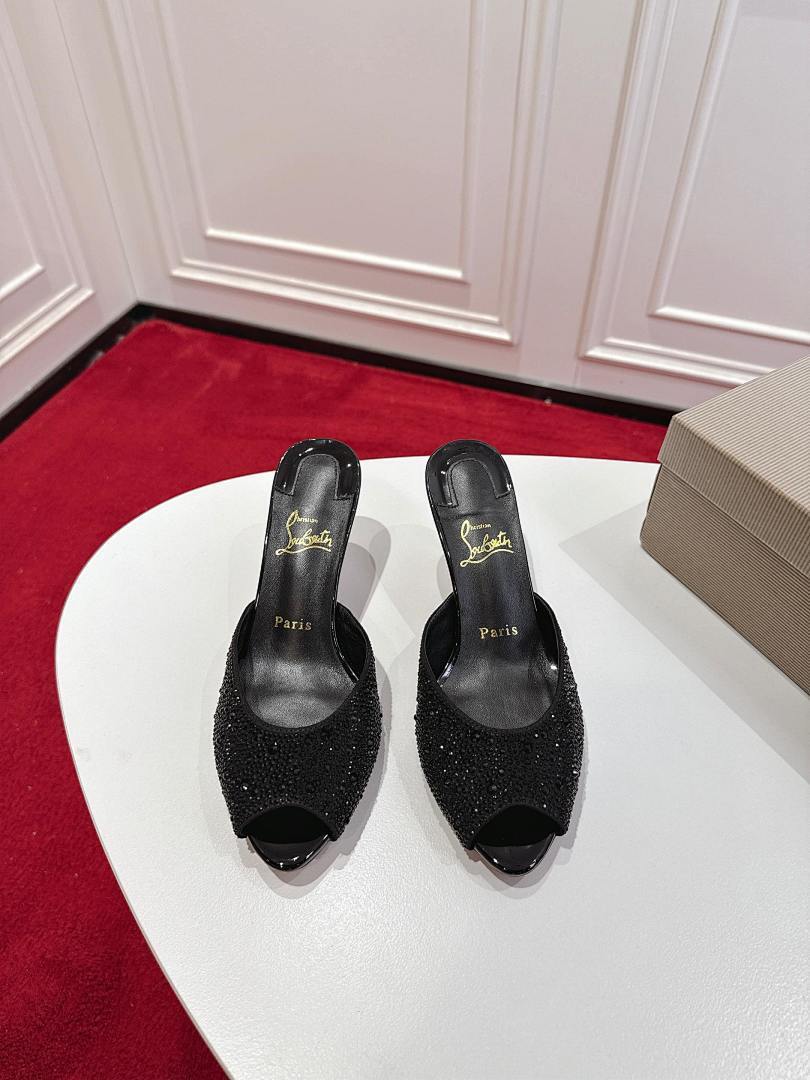 BLACK CRYSTAL OPEN-TOE MULE HEELS
